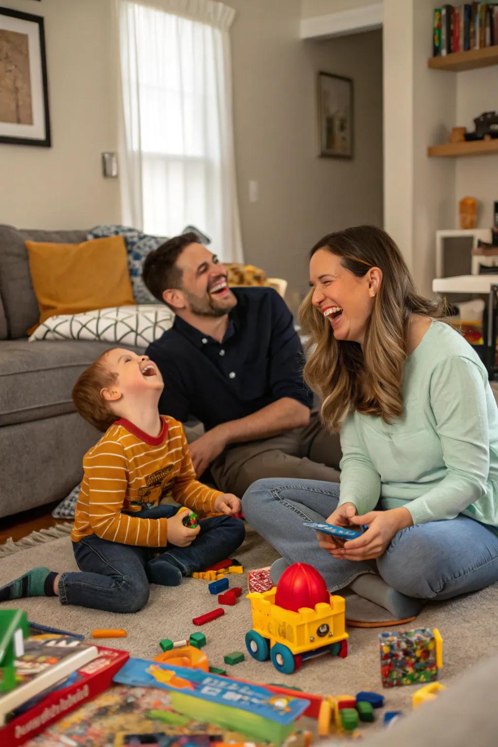 A cheerful and unscripted family basking in a night of carefree joy in their living room.