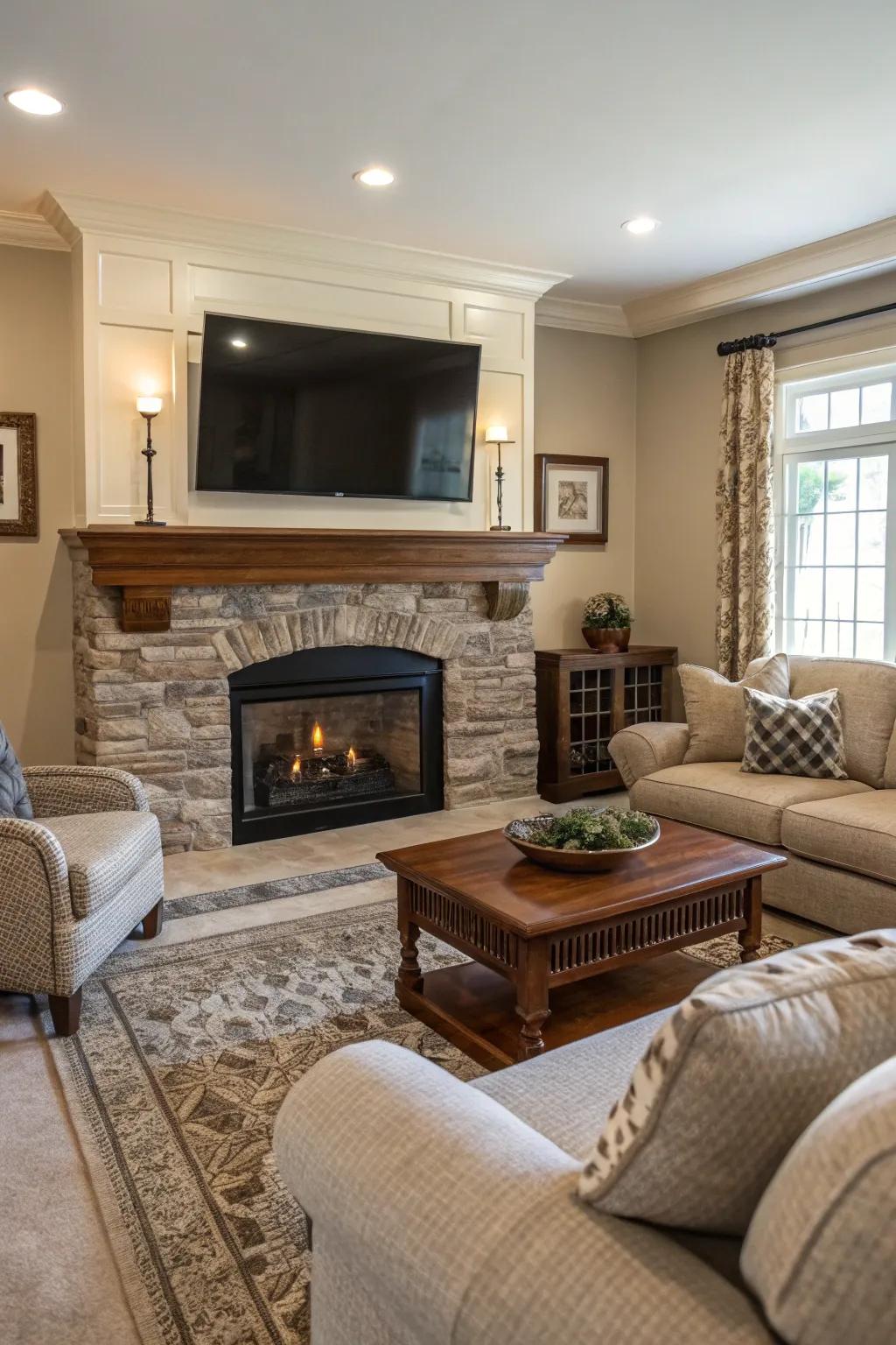 A family room showcasing a TV mounted above an inviting fireplace.