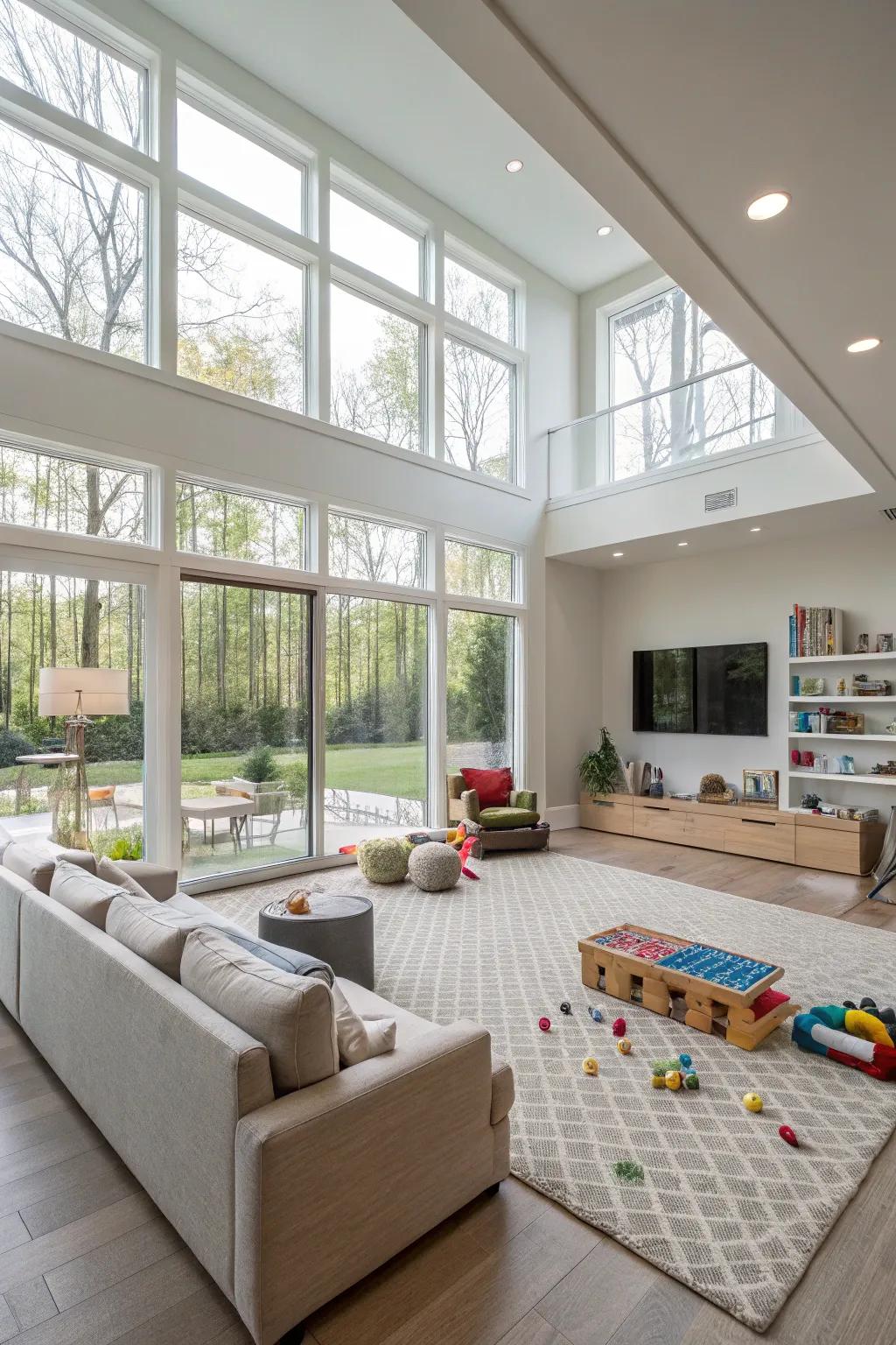 Open layouts improve space and illumination, connecting play and relaxation areas.