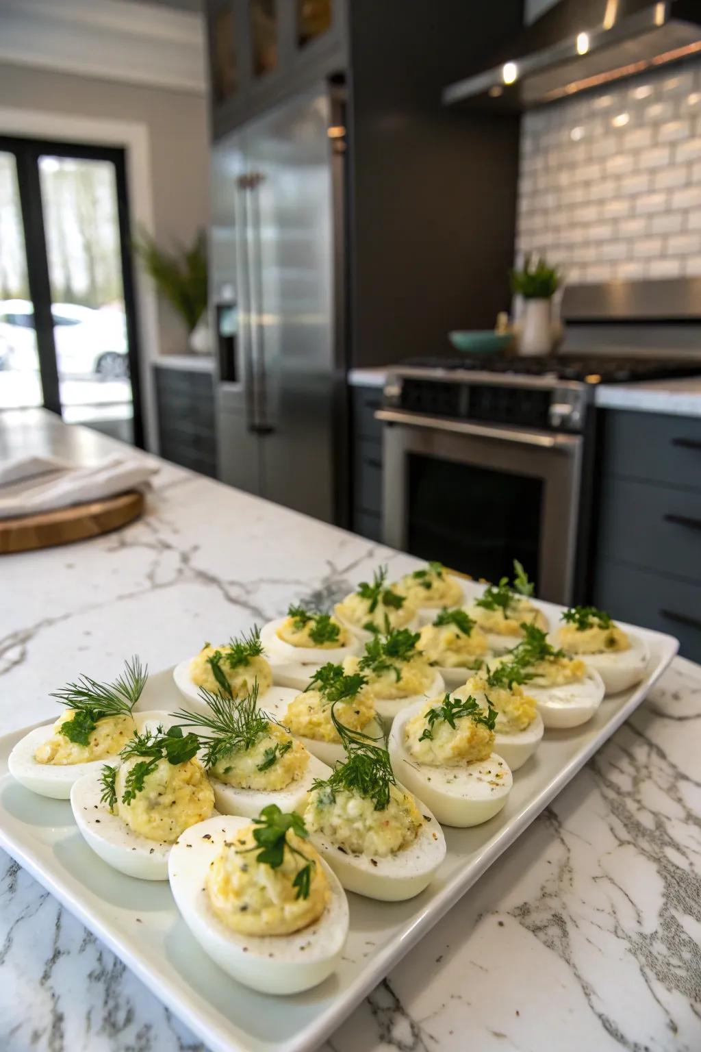 Herb-enriched deviled eggs provide a fresh update to a classic indulgence.