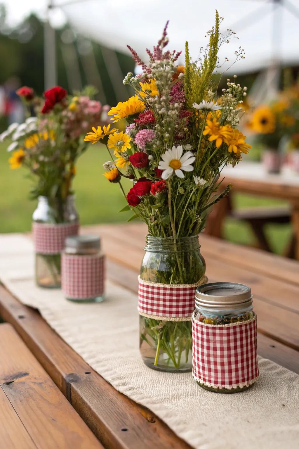 Clear canisters adorned with checkered fabric, showcasing wildflowers for a rustic appeal.