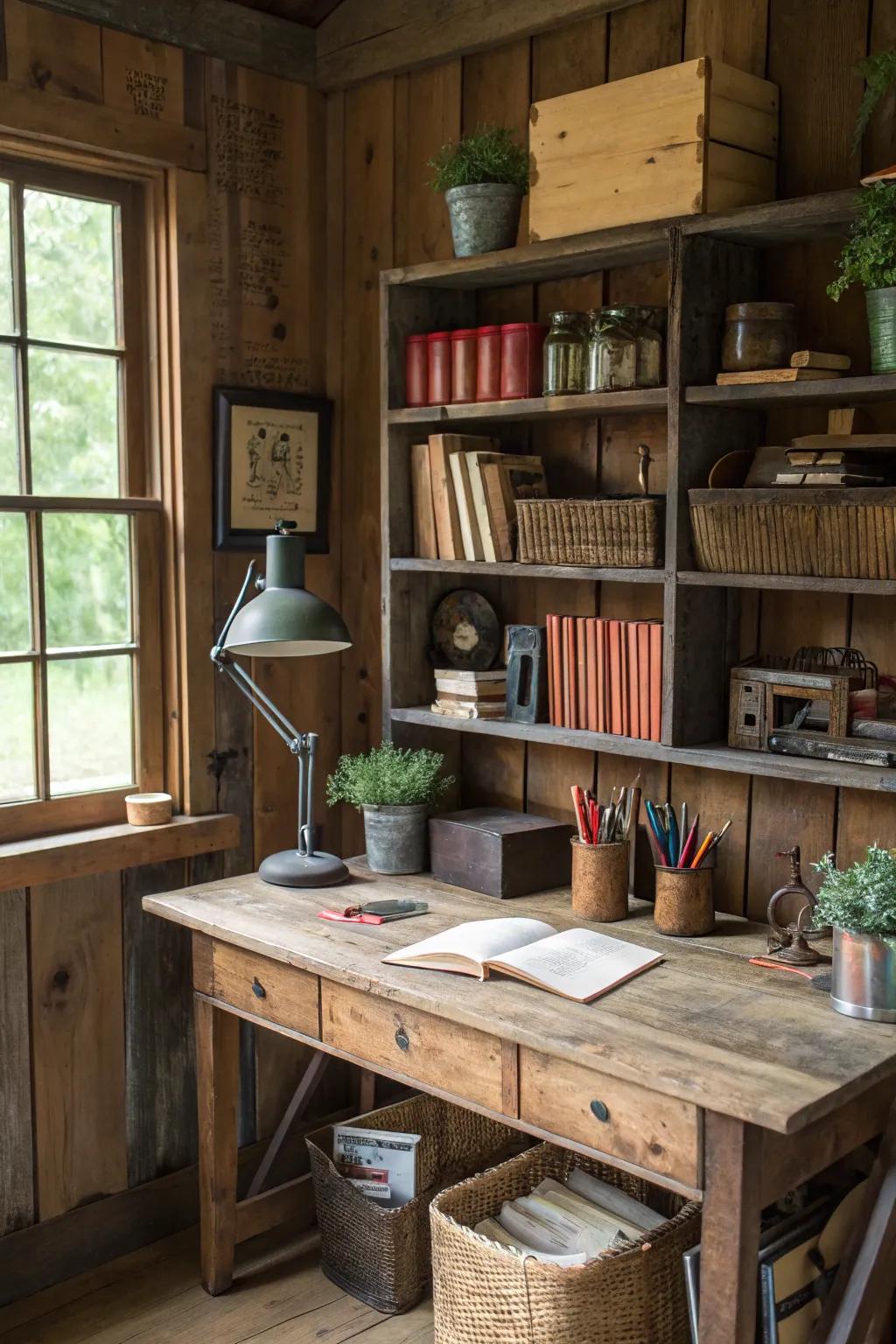 A farm office showcasing upcycled timber features, exuding warmth and charm.