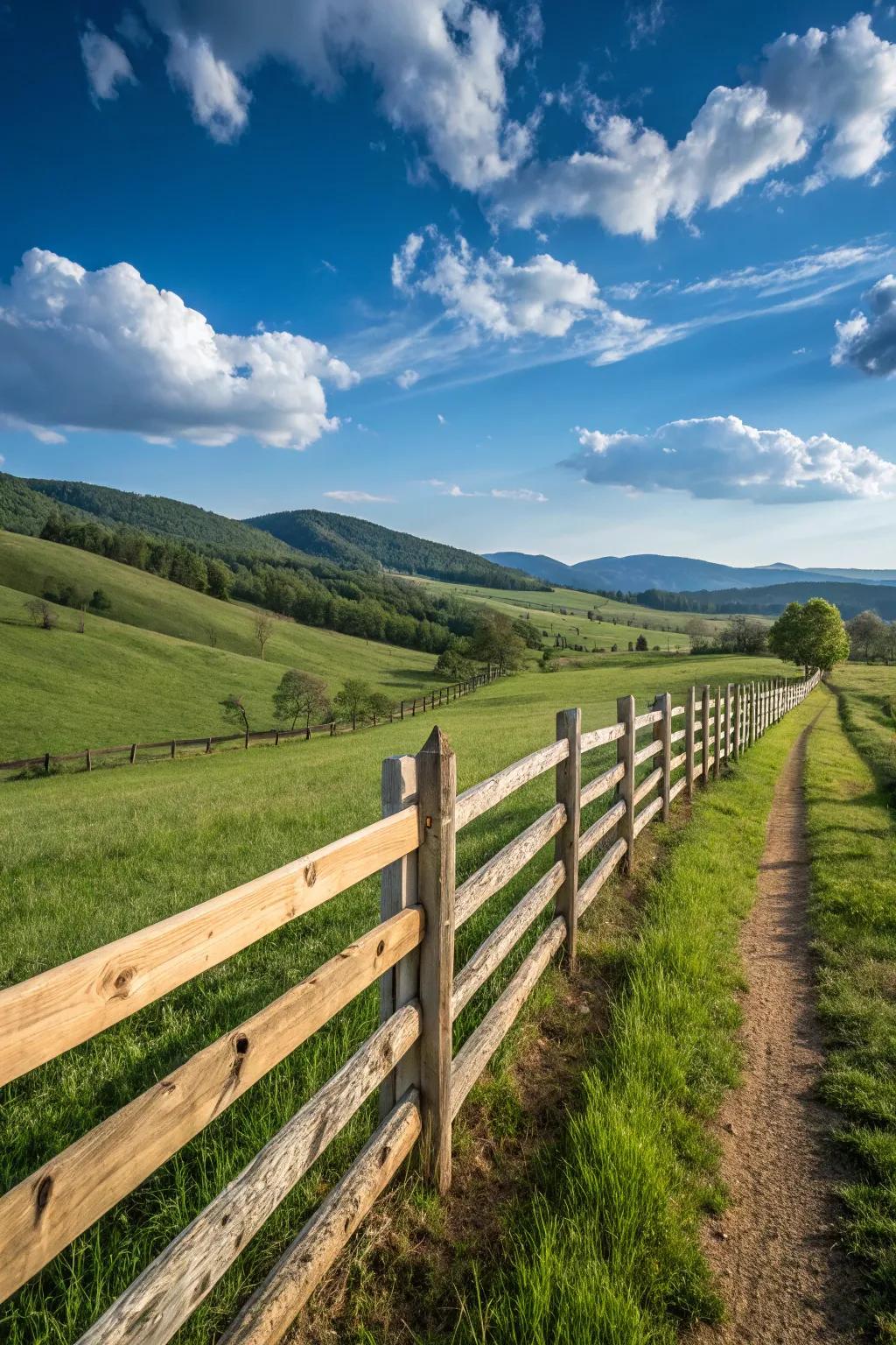 The simplicity of a split rail fence complements the natural landscape effortlessly.