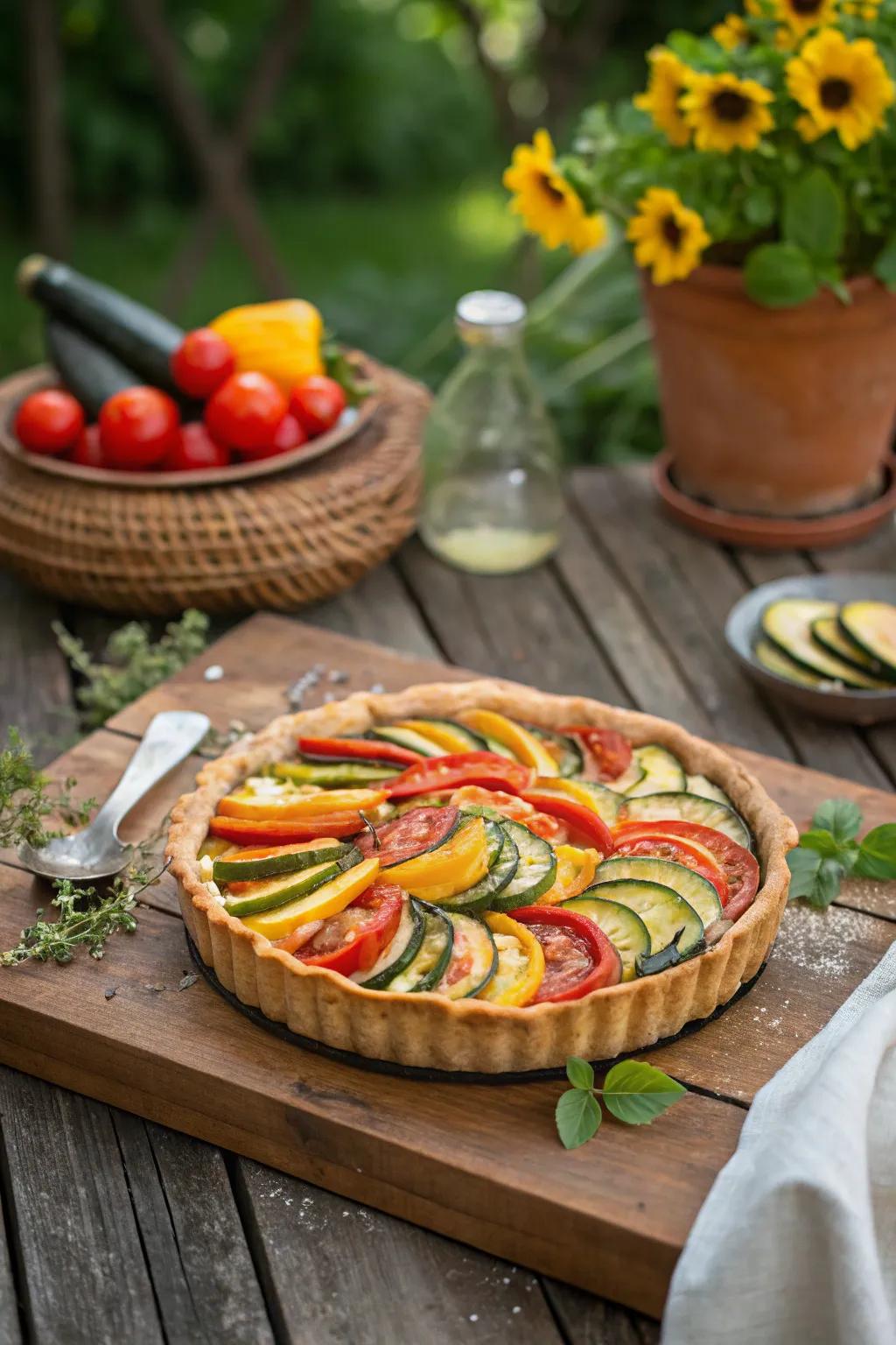 A summer vegetable tart displaying the bright hues of the season.