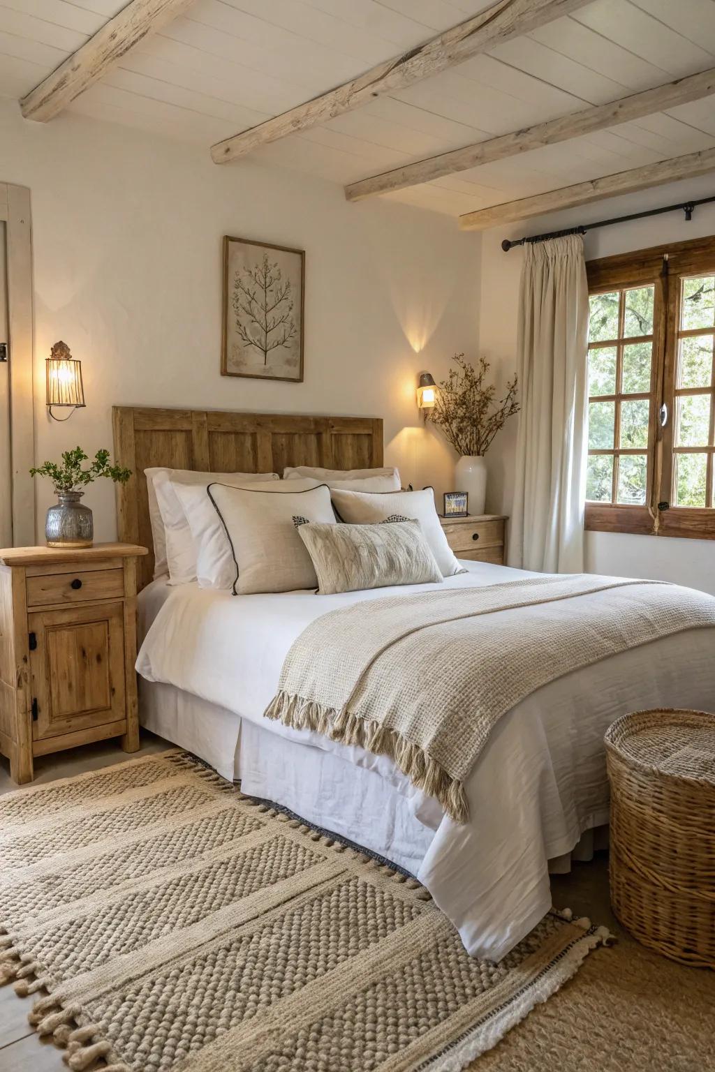 Neutral hues produce a serene and calming farmhouse bedroom.