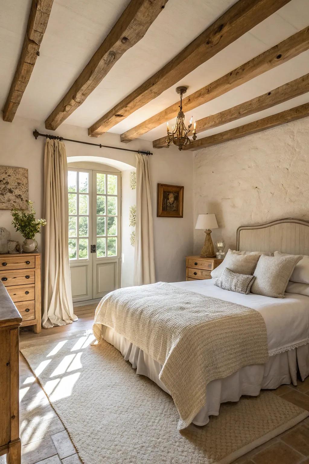 A luminous and airy farmhouse bedroom featuring a calming muted palette.