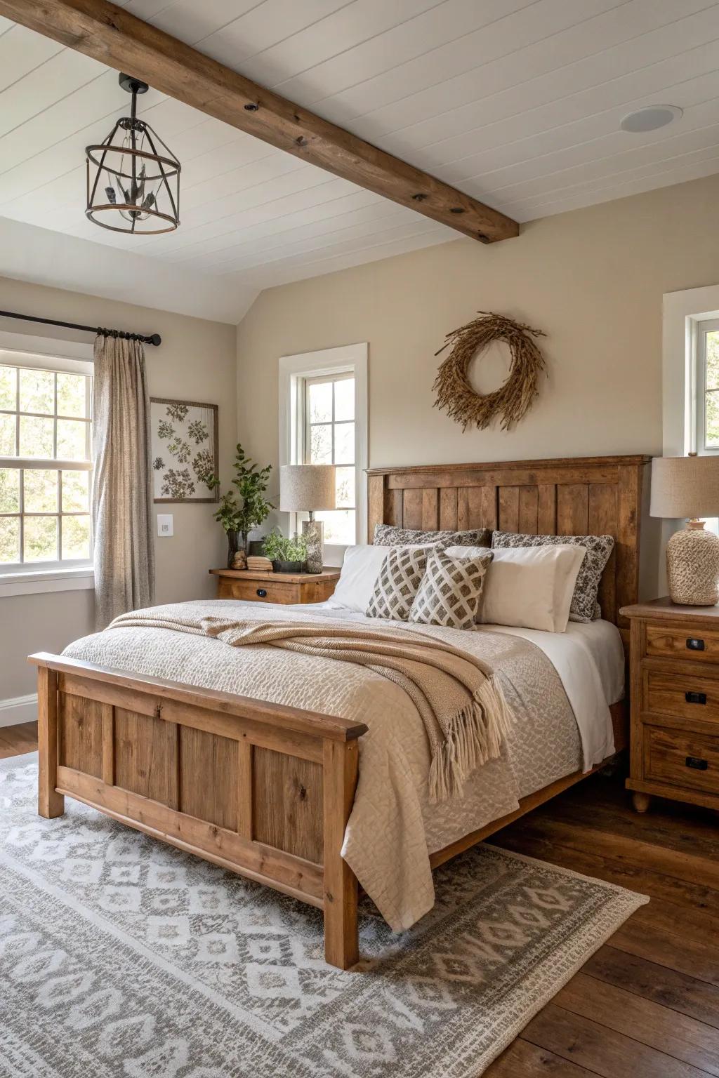 Neutral hues generate a tranquil and soothing farmhouse ambiance.