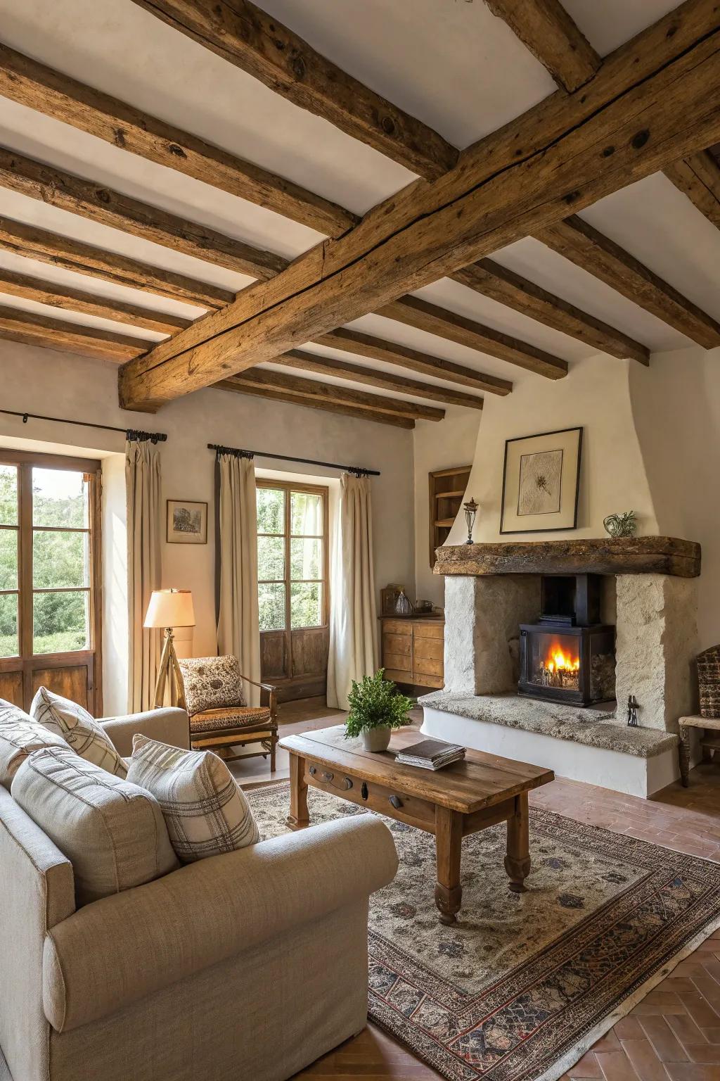 Exposed wooden beams infuse this farmhouse living room with warmth and rustic charm.