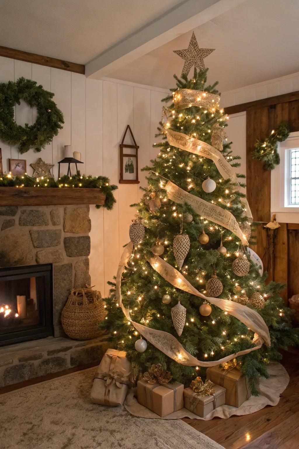 A farmhouse Christmas tree beautifully decorated with burlap ribbons and naturally inspired ornaments.