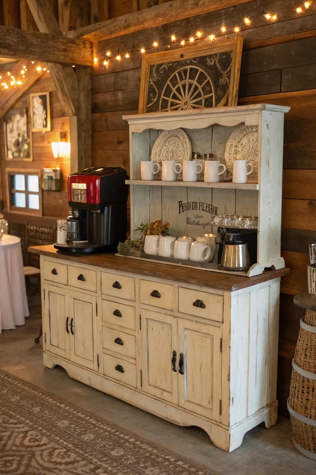 A classic sideboard, reborn as a rustic coffee station.