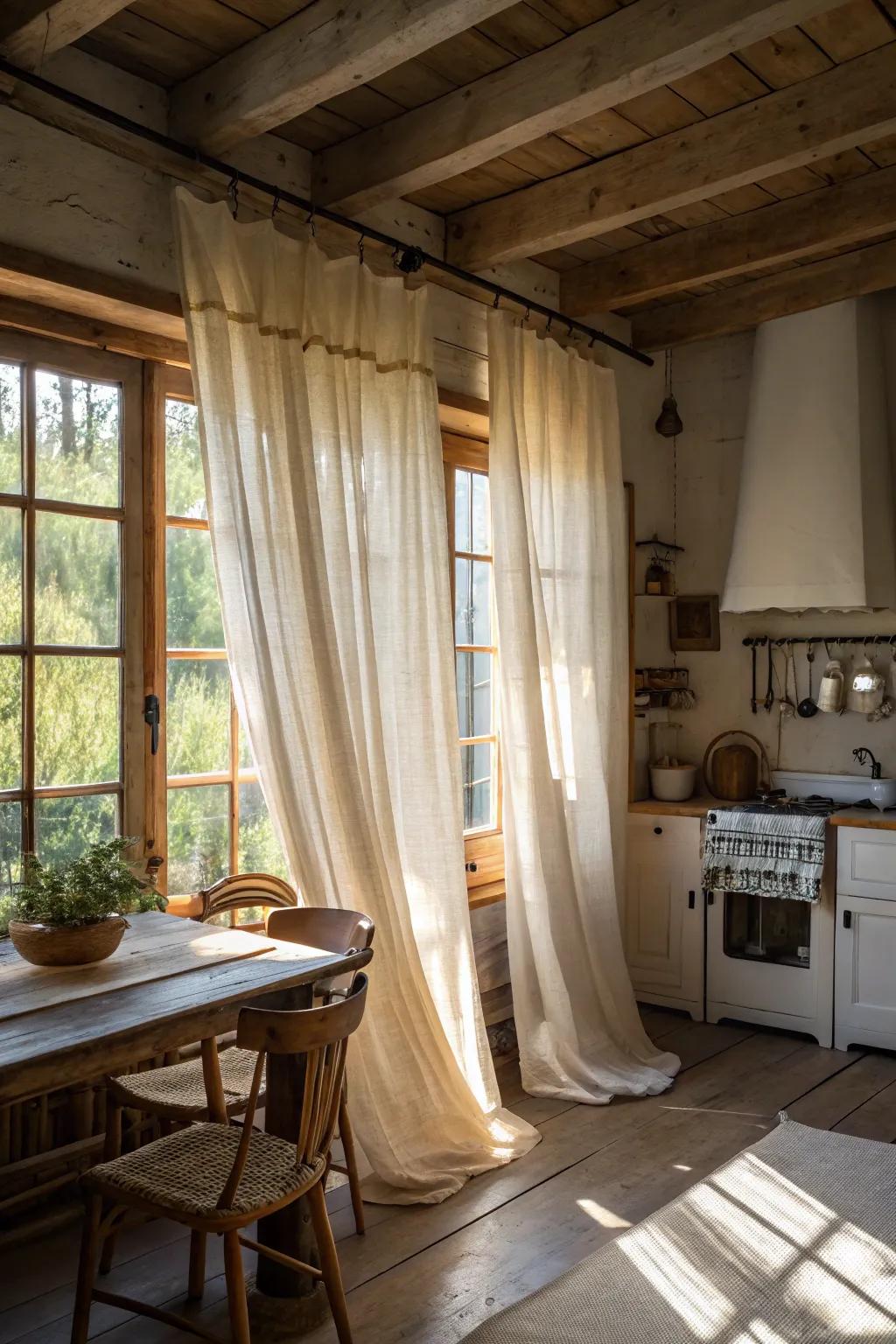 Linen curtains gently diffusing sunlight in an attractive farmhouse kitchen.