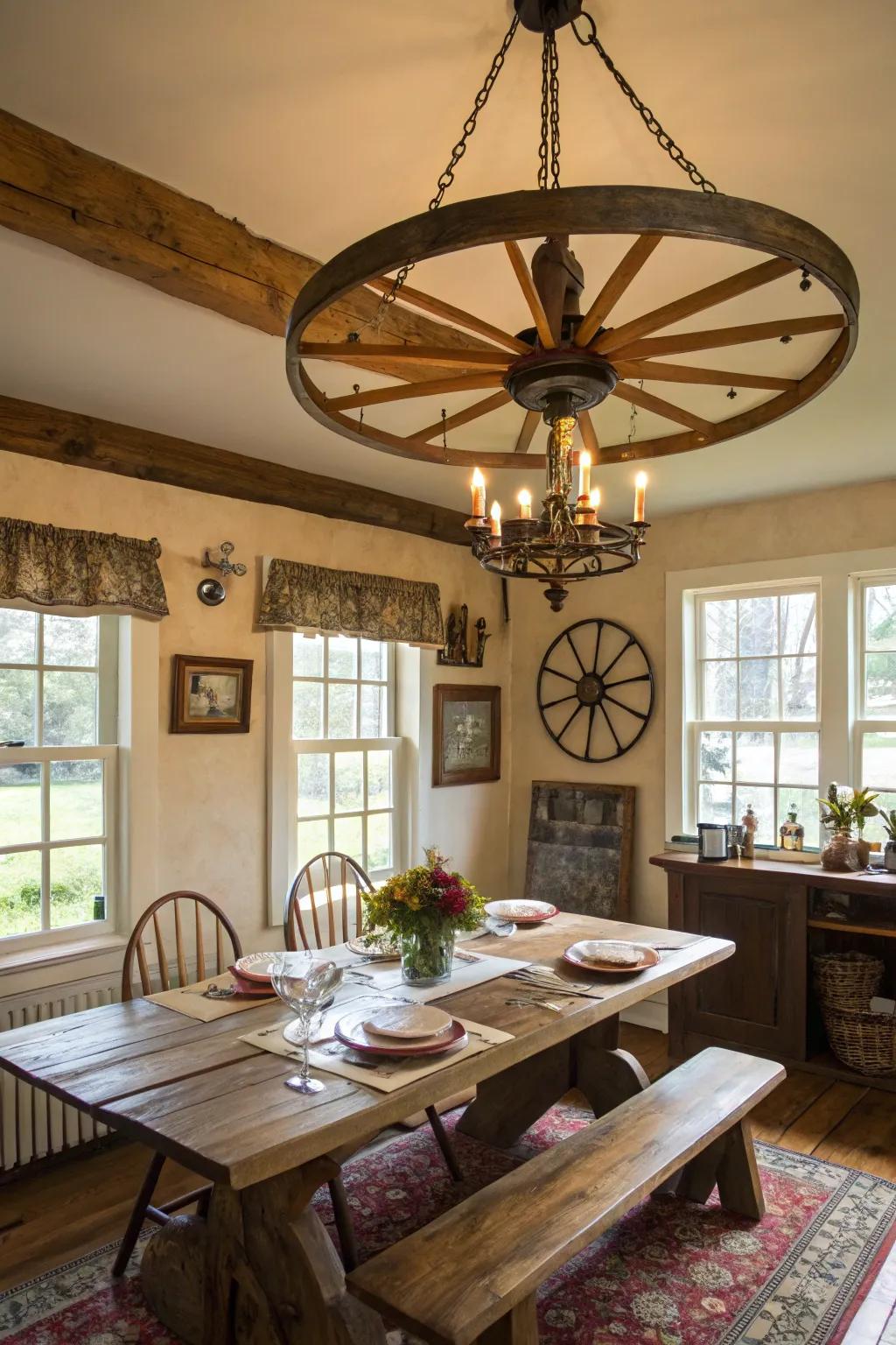 Carriage wheel chandeliers create a striking centerpiece in any farmhouse dining space.