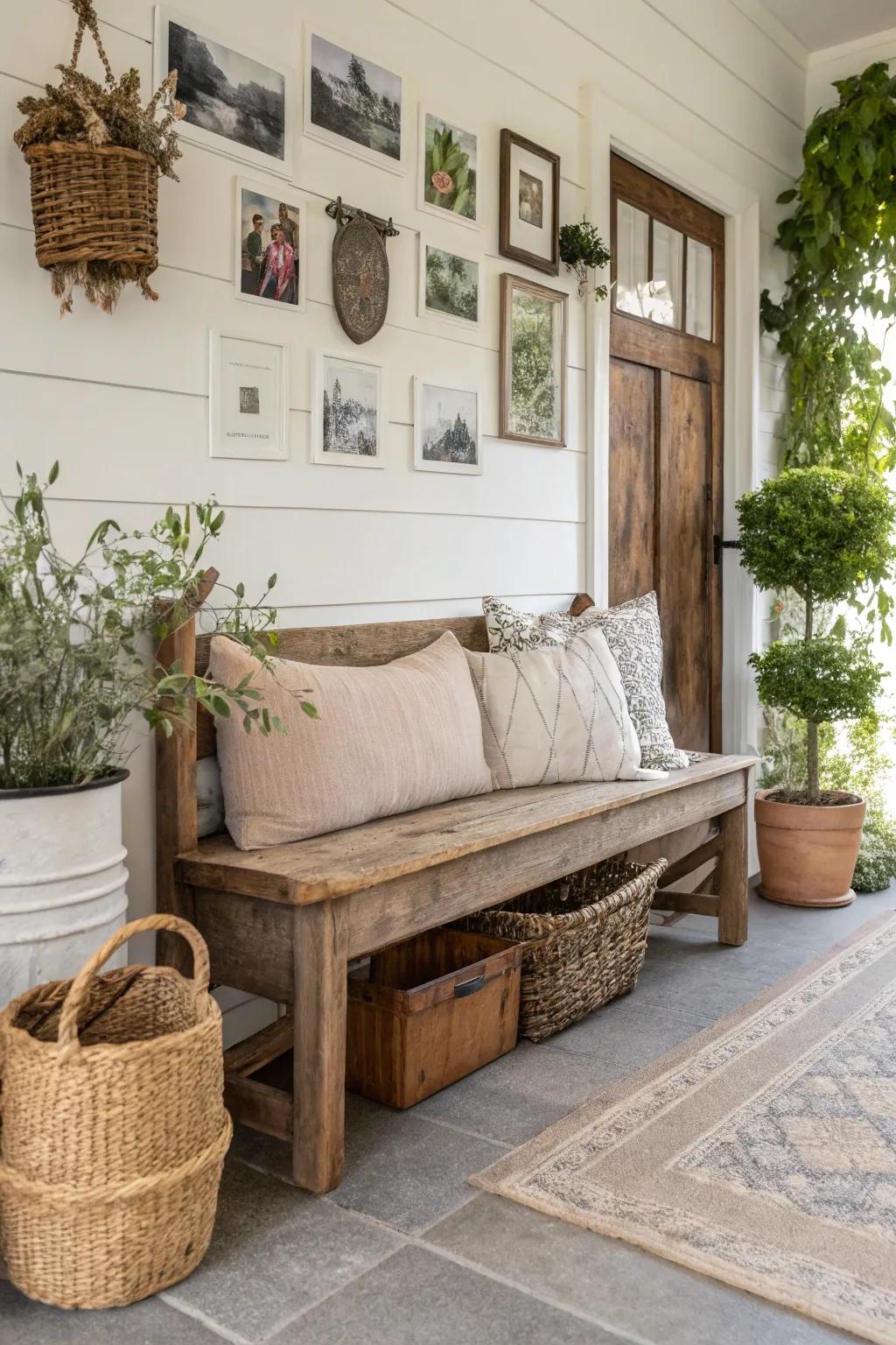 A rustic reclaimed wood bench in a farmhouse entryway exudes warmth.