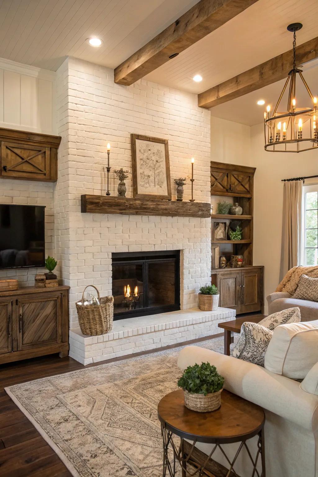 A classic white brick fireplace complemented by rustic wood decor.