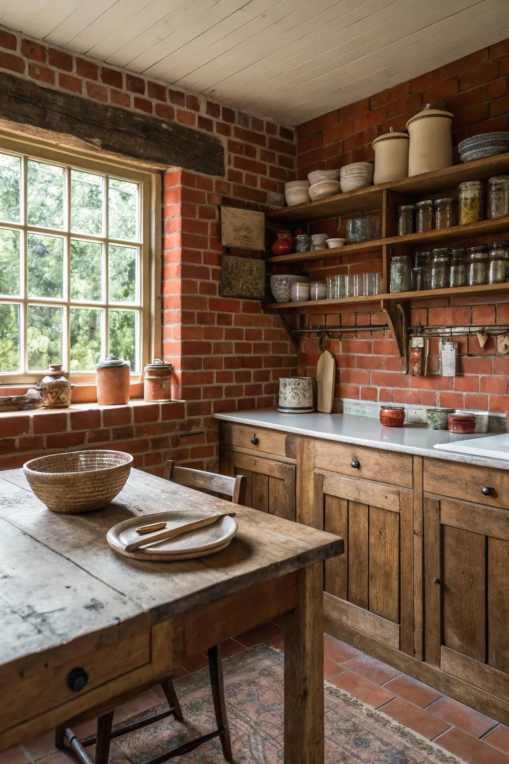 A farmhouse cooking area showcasing a classic red brick backsplash.