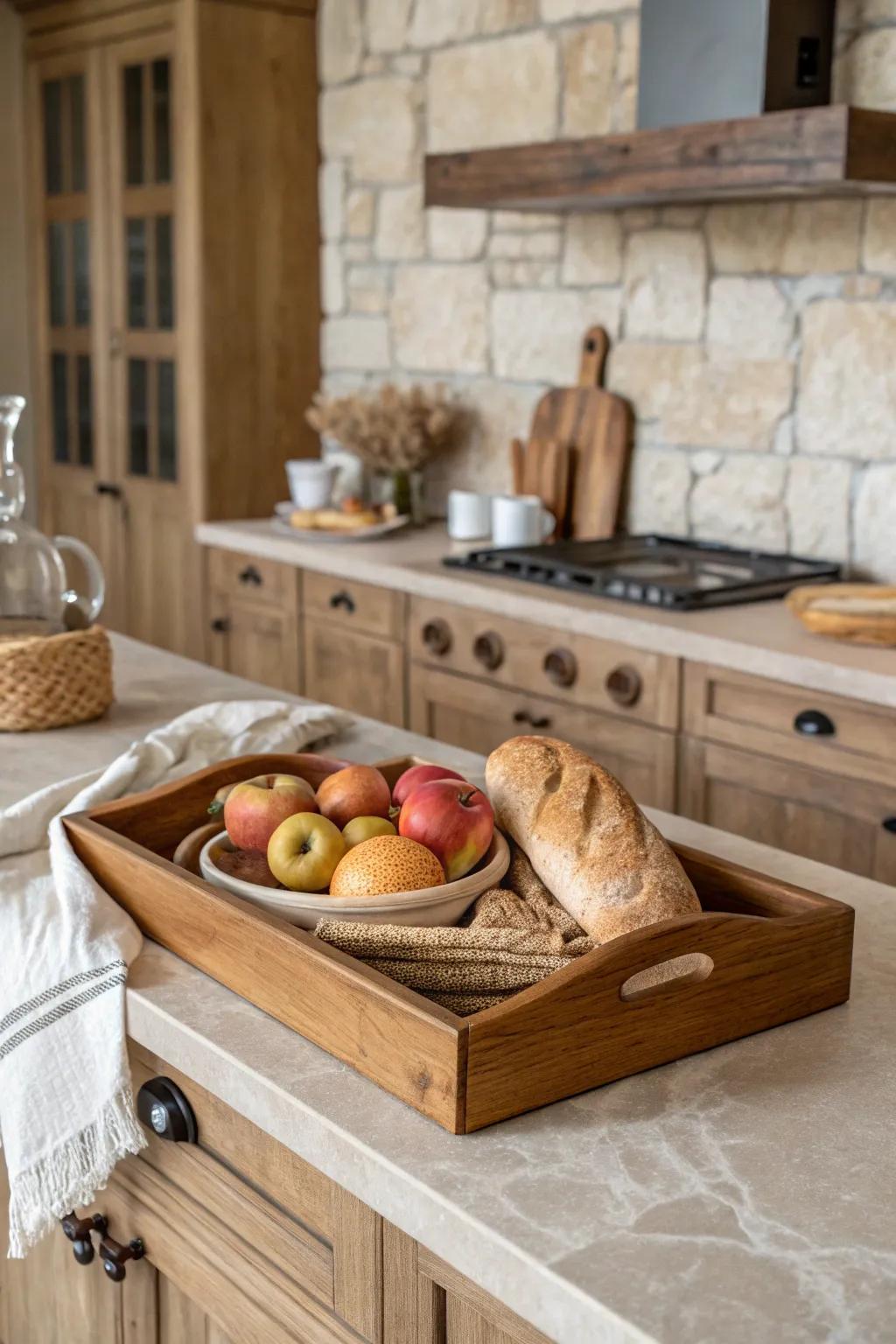 A wooden platter exquisitely arranging kitchen essentials on a farmhouse counter.