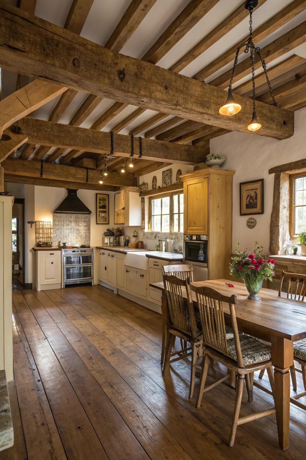 A farmhouse kitchen showcasing prominent exposed wood beams and a beautiful wood floor.