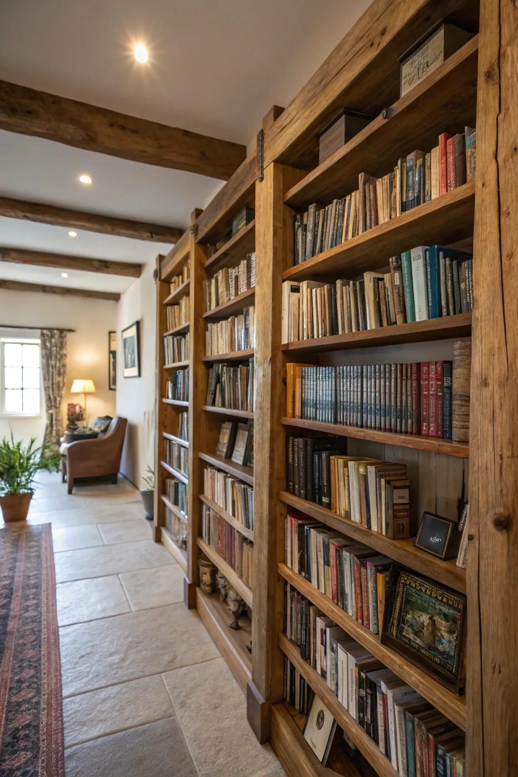 Wood shelves stretching from floor to ceiling incorporate a traditional charm to any countryside-inspired personal library.