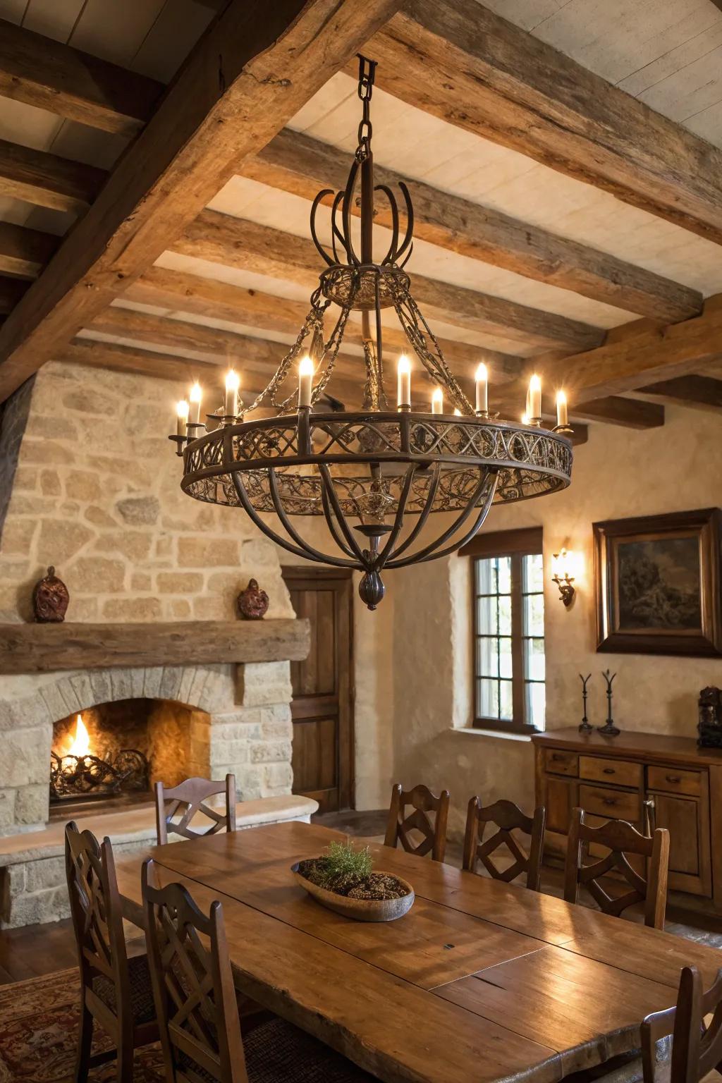 A rustic chandelier uplifts any farmhouse space.
