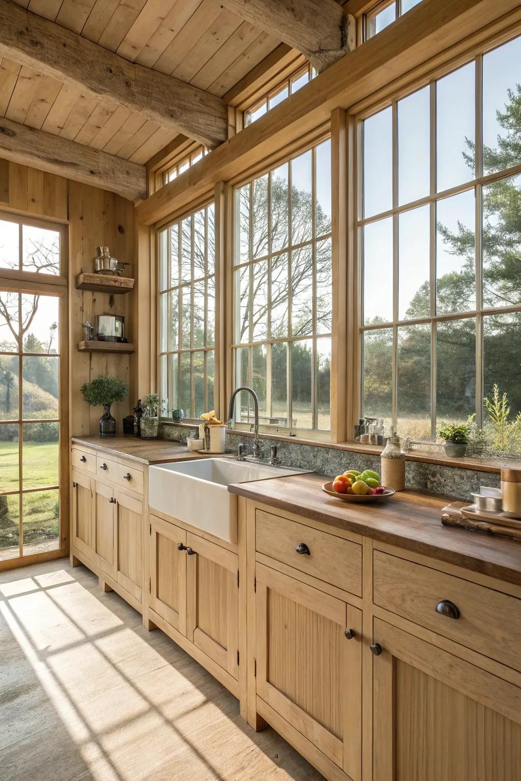 A country-style cooking space bathed in natural light, showcasing expansive panes and pale timber cabinetry.