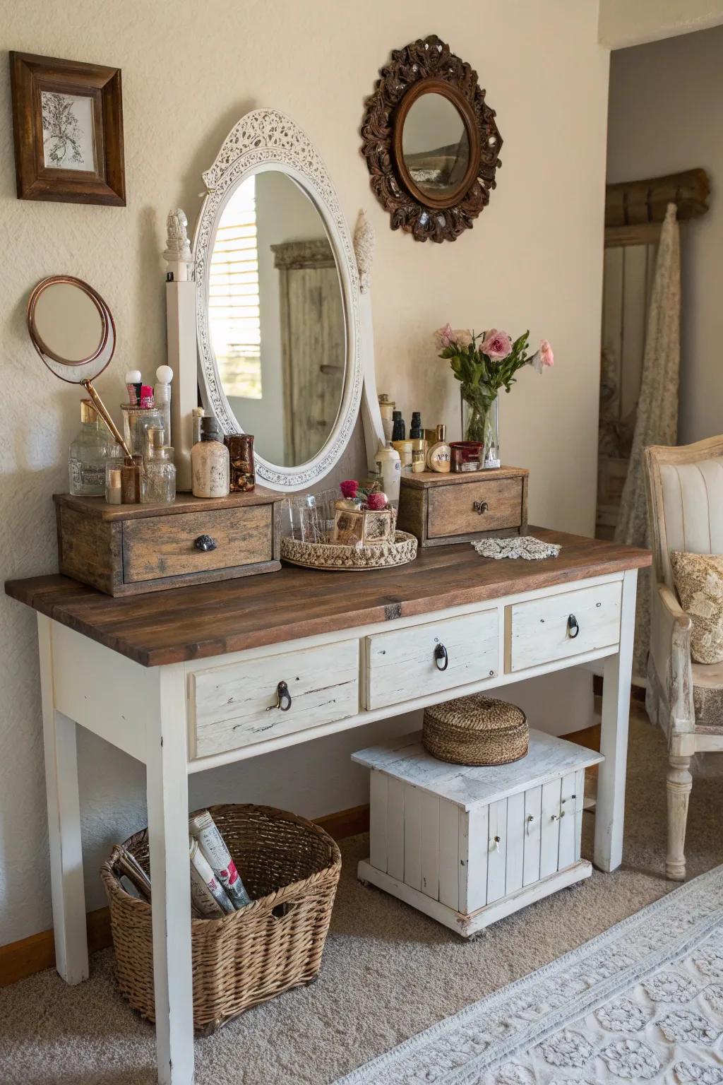 Repurposed wood brings a sense of history and coziness to your vanity.