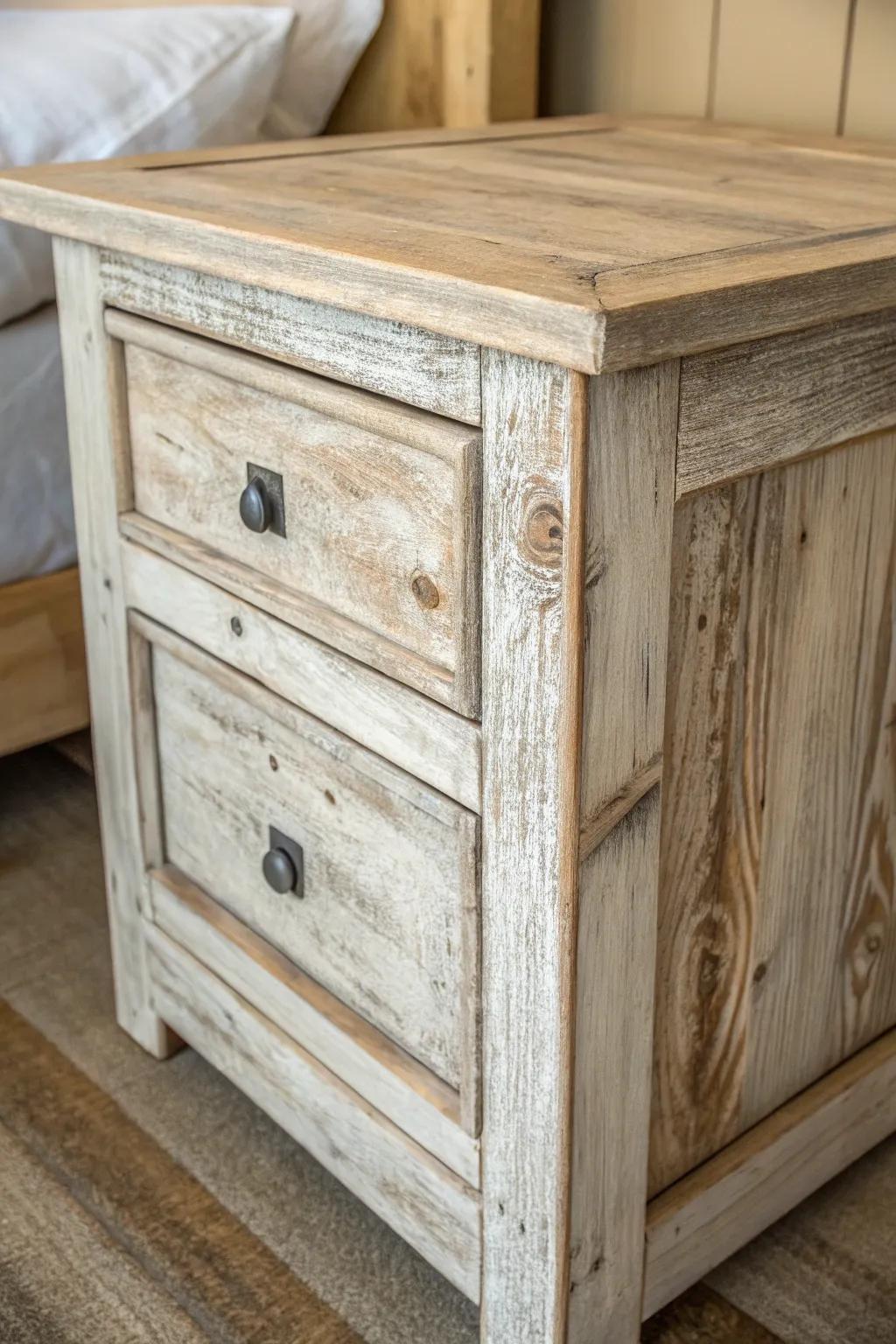 A timber bedside table establishes the foundation for farmhouse decoration.