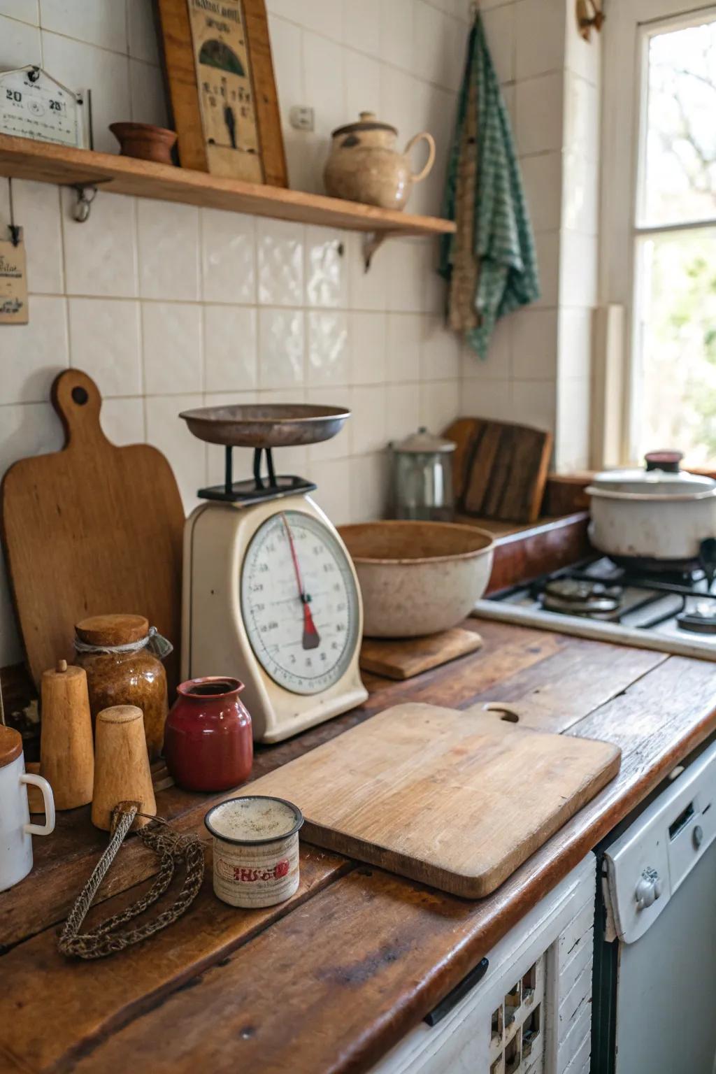 A classic weighing instrument as the centerpiece of a charming kitchen counter.