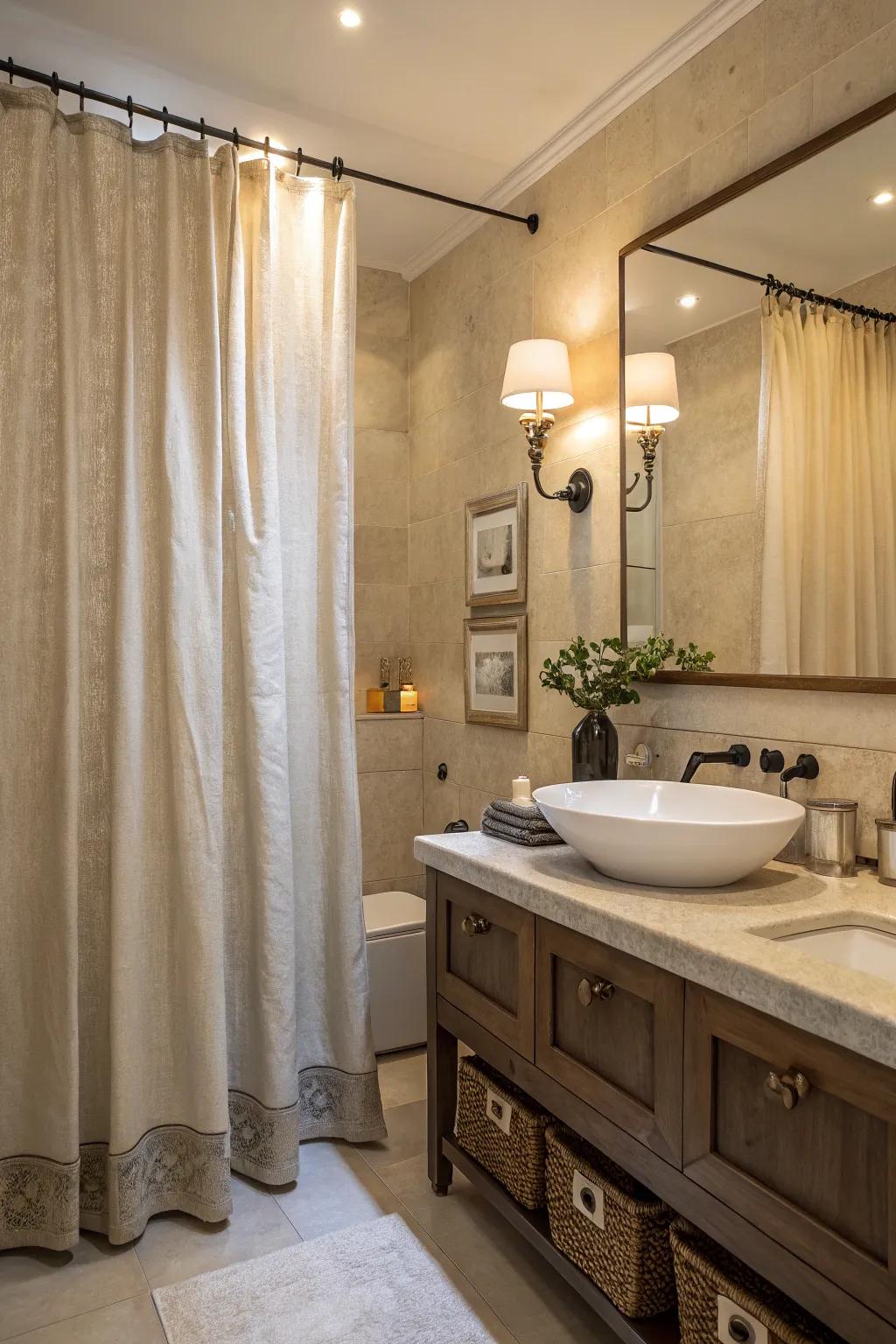 A sophisticated bathroom featuring a natural linen shower drape with gentle lighting.