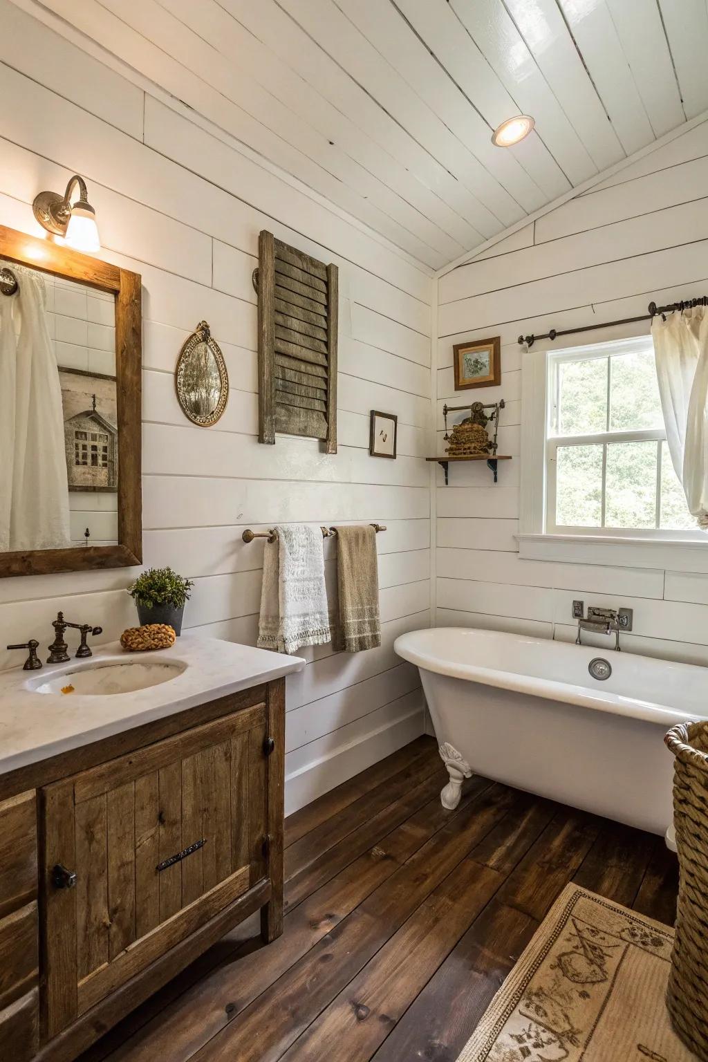 Crisp white shiplap walls bring a delightful farmhouse charm to this compact bathroom.