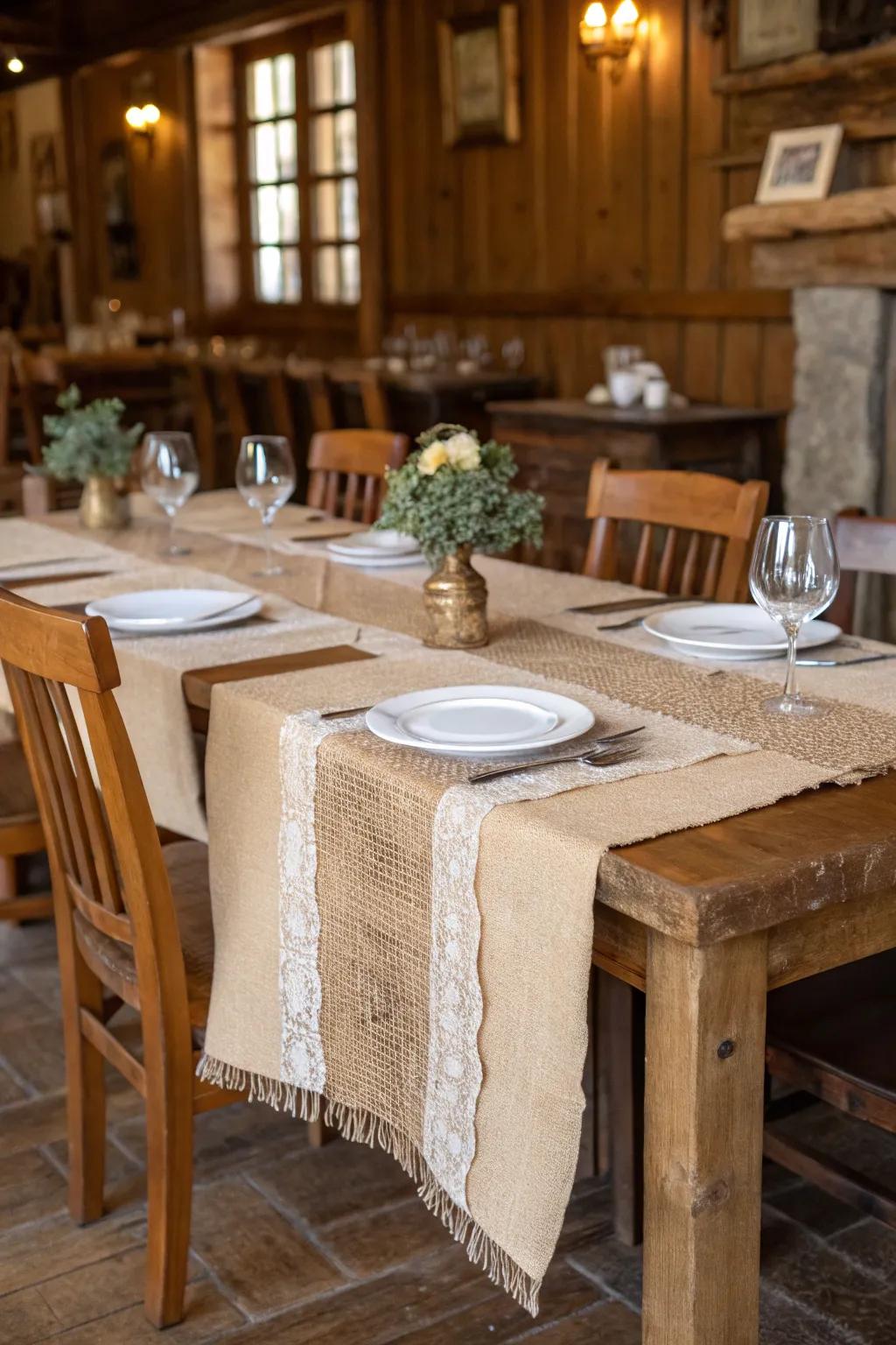 A rustic burlap table runner brings a sense of warmth to any dining table.