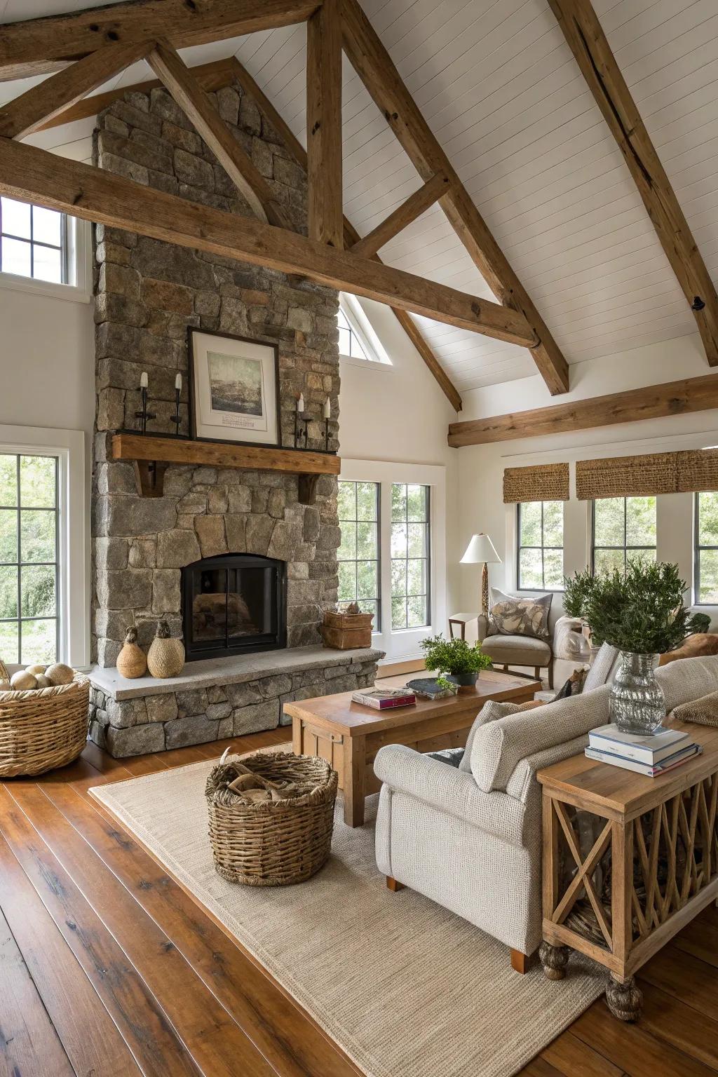 A charming farmhouse living area featuring visible wooden beams and a stone fireplace.