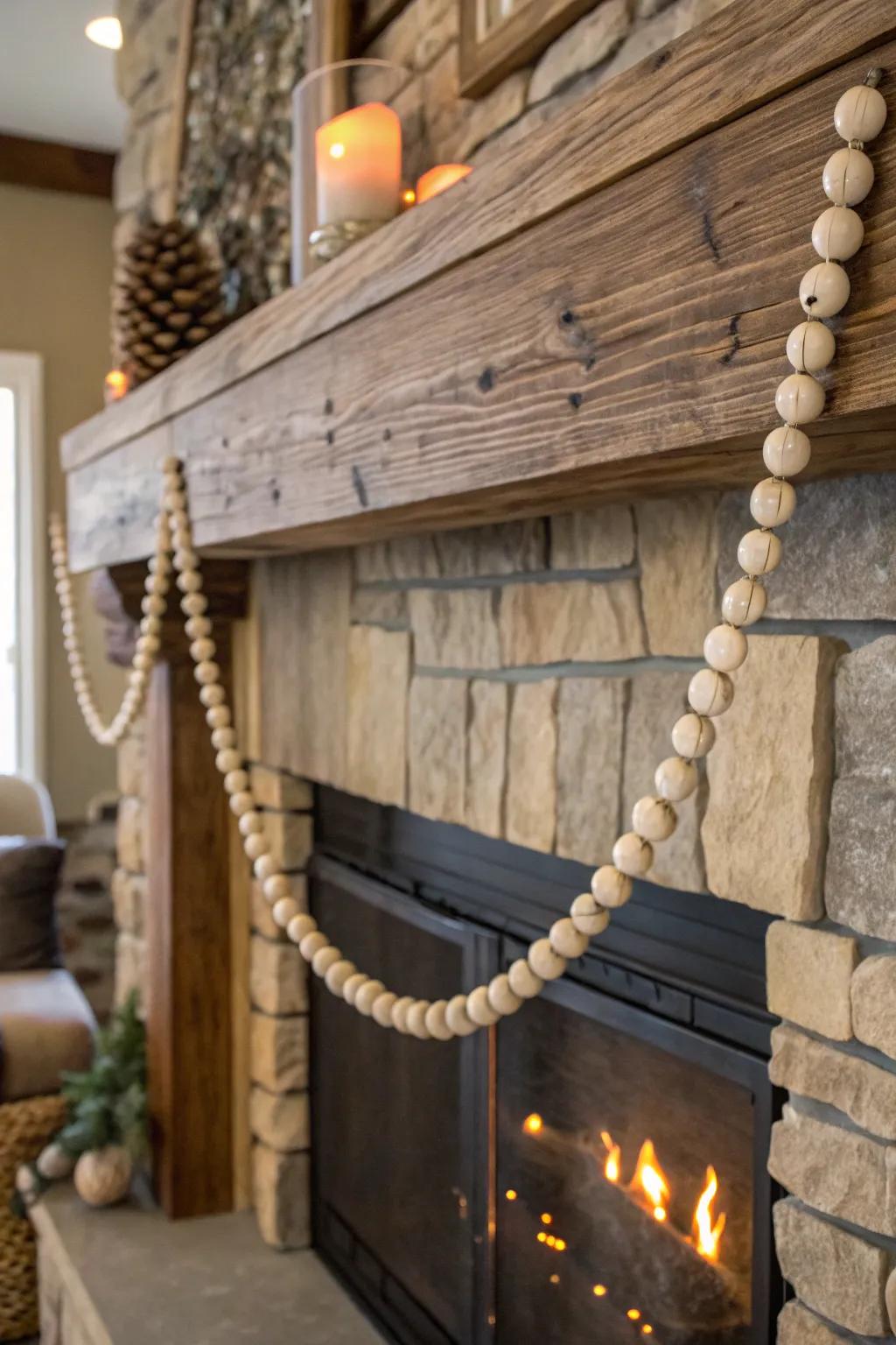 Timber-sphere strand elegantly draped across a rustic fireplace.