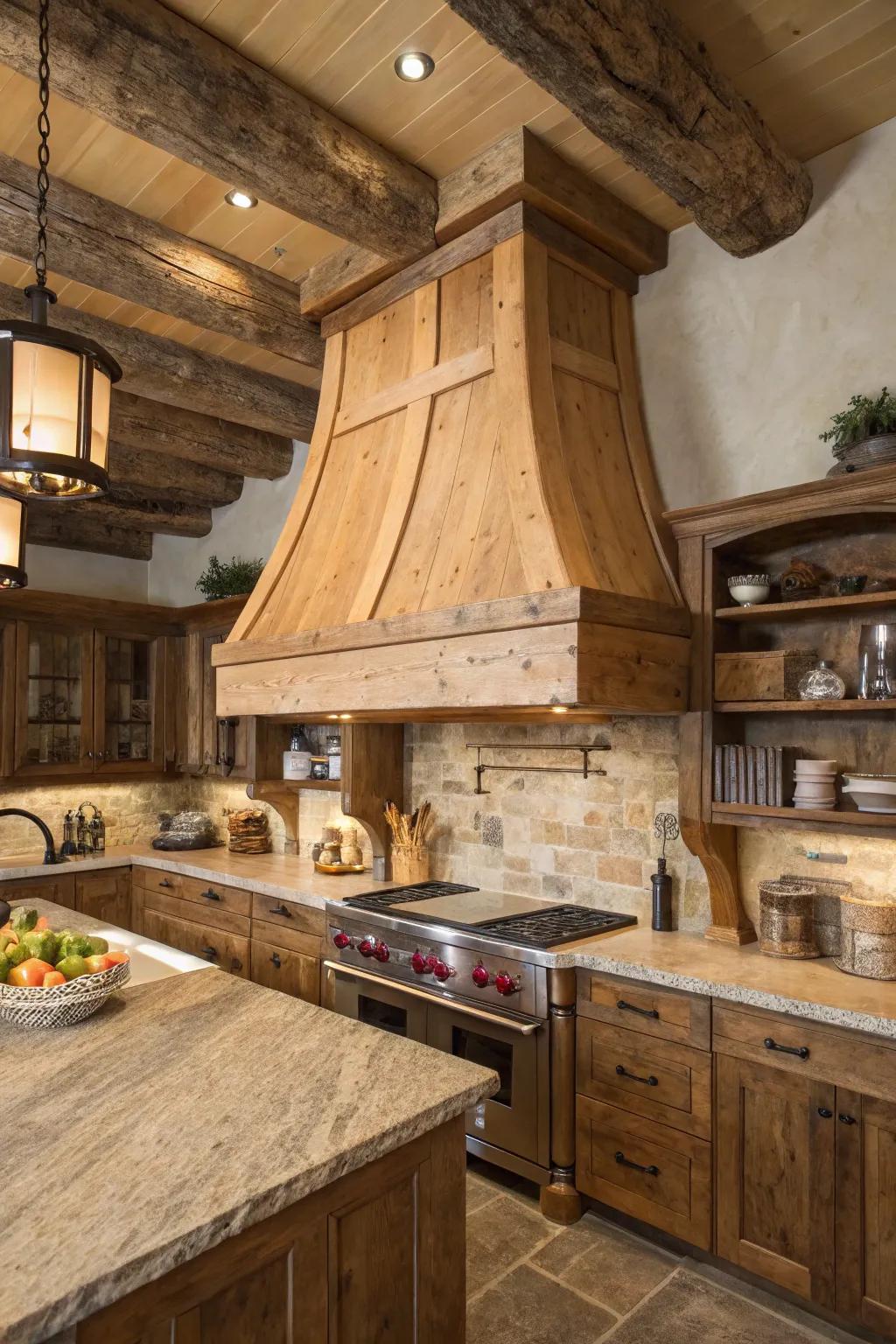 The untouched grain of wood on a range hood imparts a countryside charm to any kitchen.