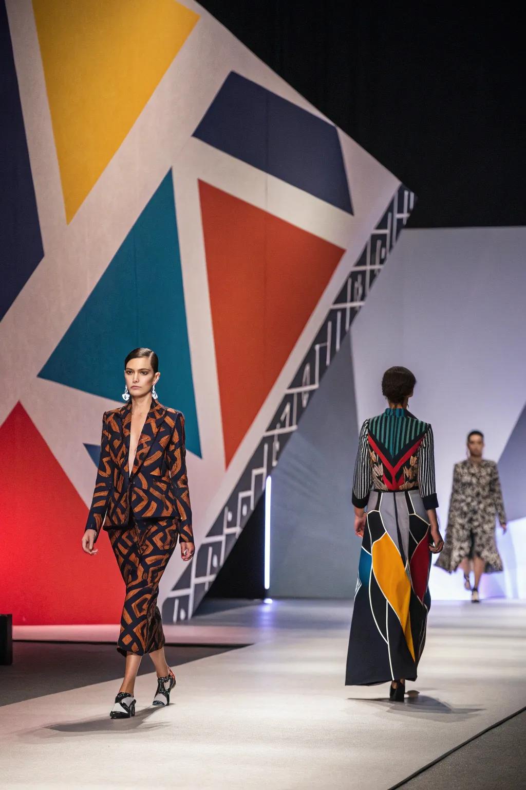 A fashion runway showcasing a geometric shape panorama that enhances the show's theme.