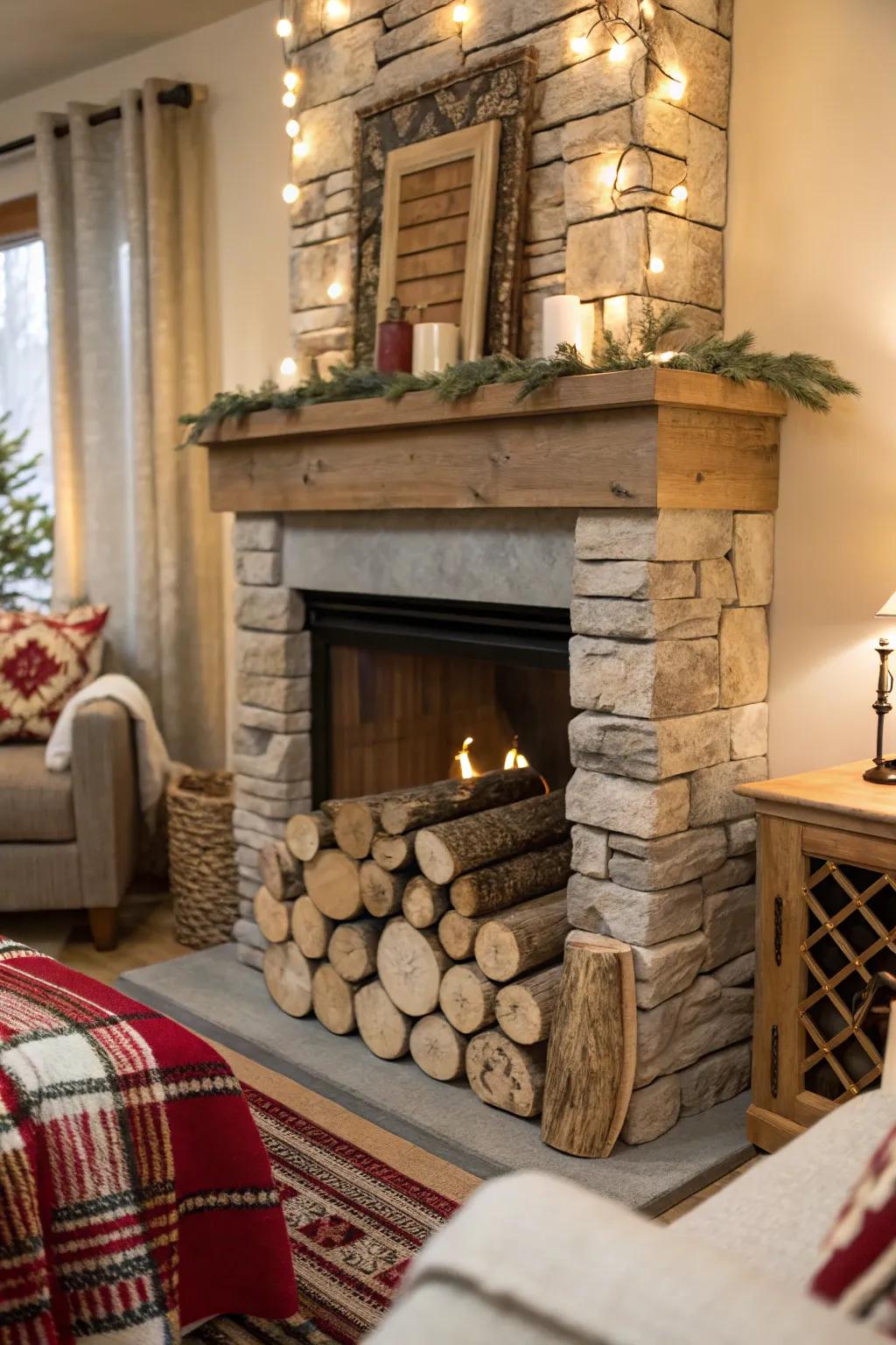 An artificial fireplace showcasing thoughtfully arranged light wood pieces.