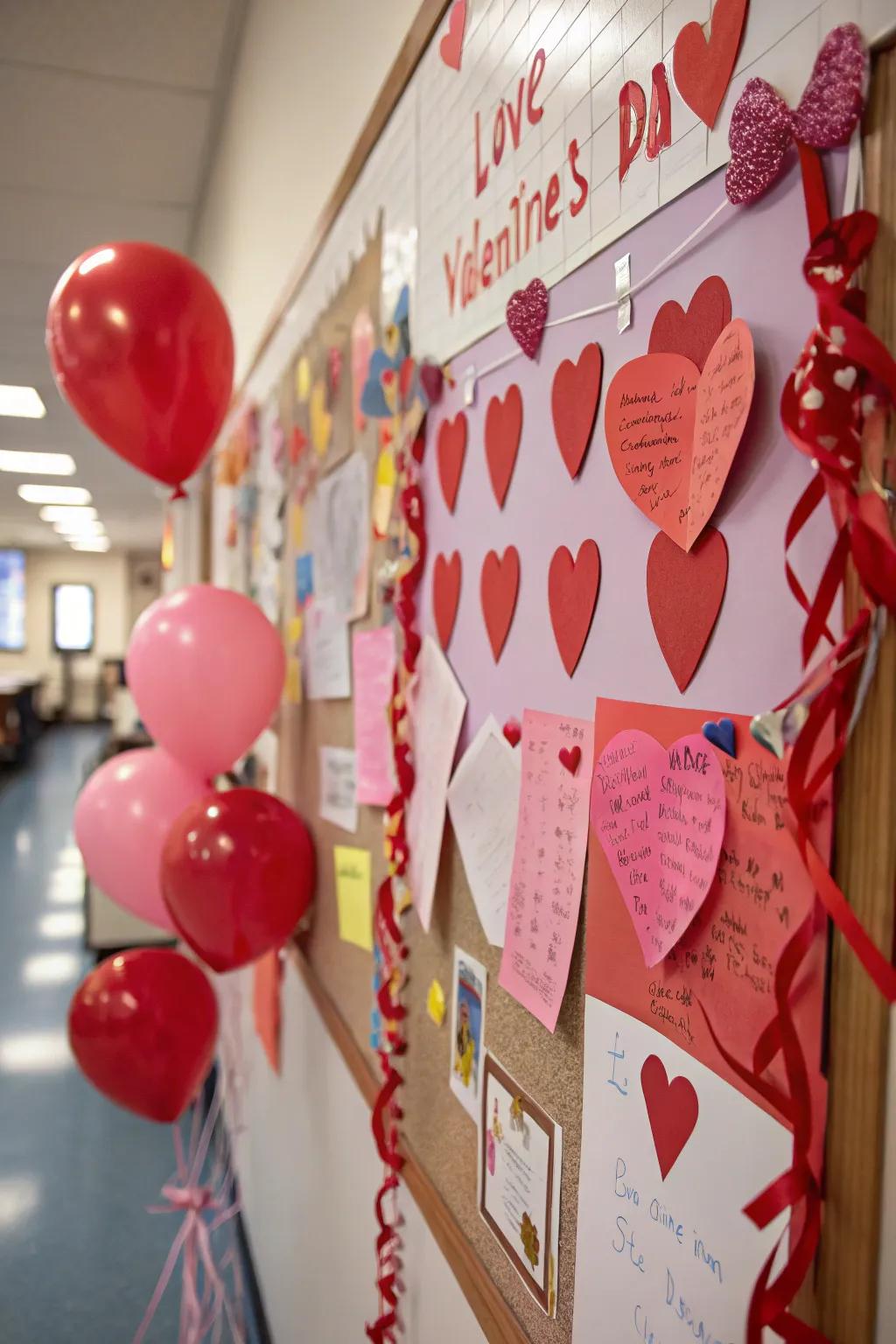 A Valentine-themed bulletin board adorned with hearts and love notes.
