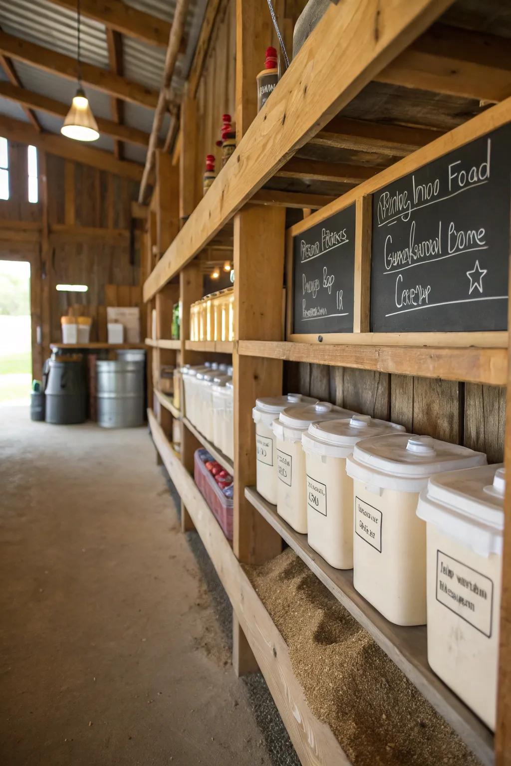 Distinct labels simplify locating items in a busy feed room.