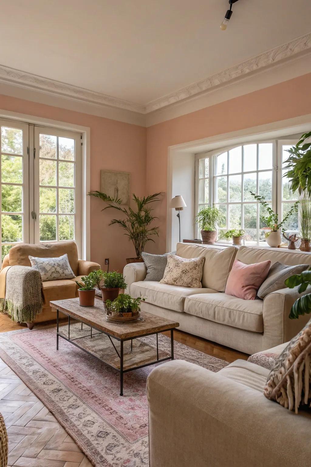 A serene living area showcasing walls painted in soft pastels and luxurious furnishings.