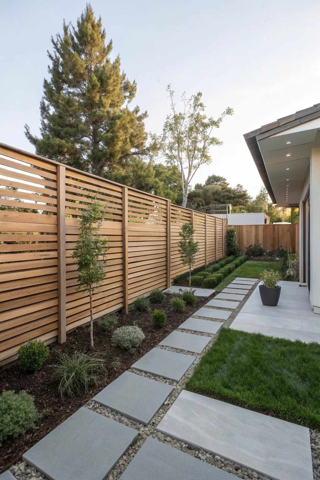 Horizontal wood slat fencing contributes a contemporary element to any backyard.