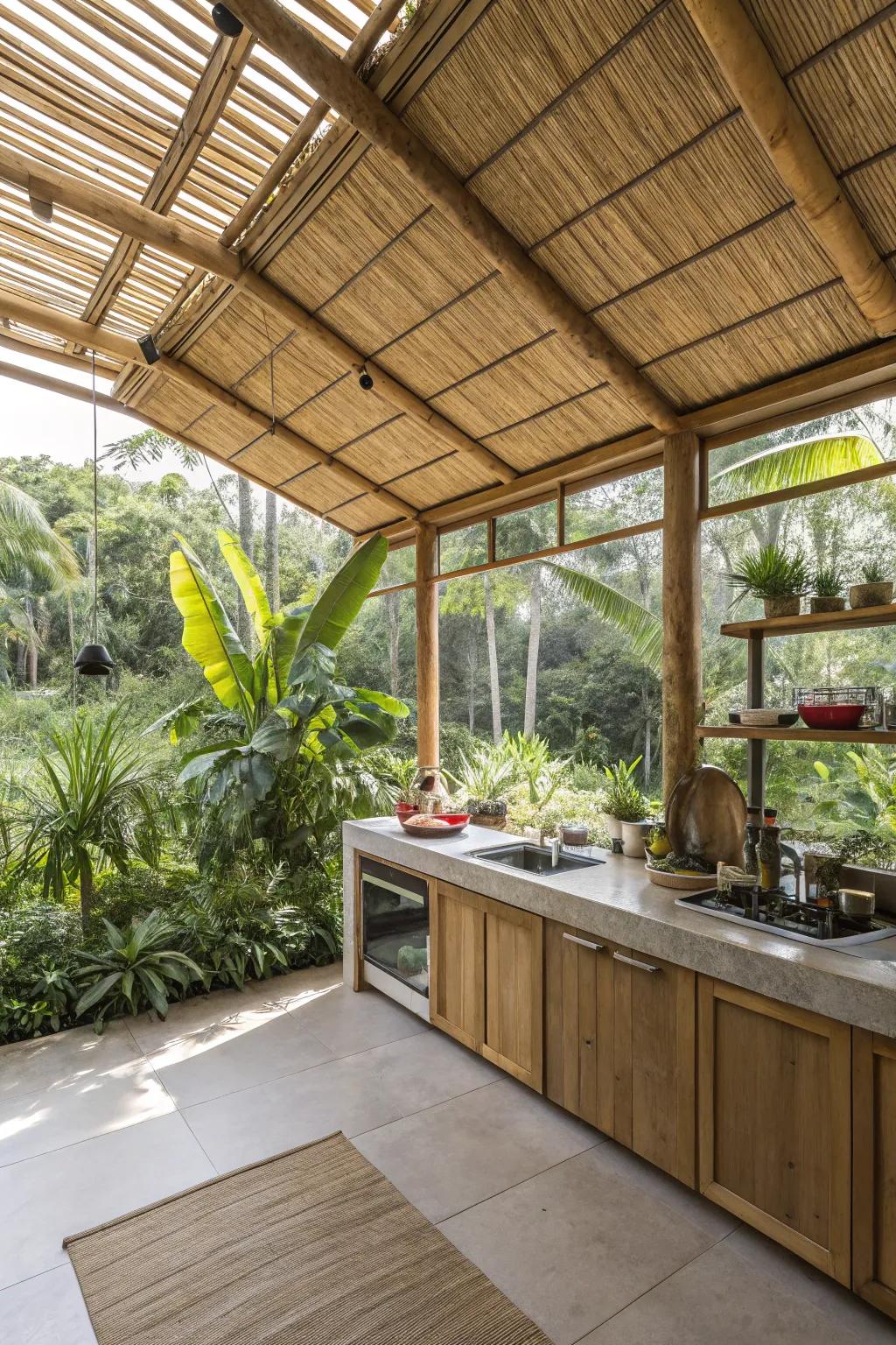 An open-air cooking space that merges the indoor and outdoor environments, perfect for tropical climates.