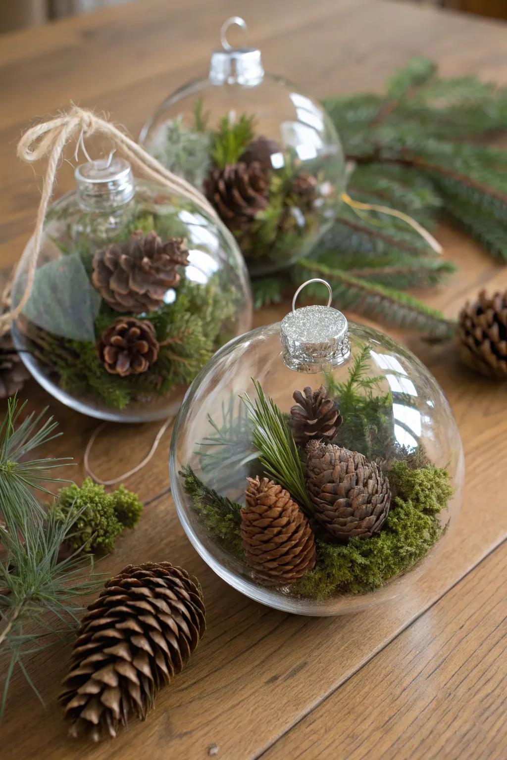 Ornaments showcasing nature's touch with pine cones and verdant moss.