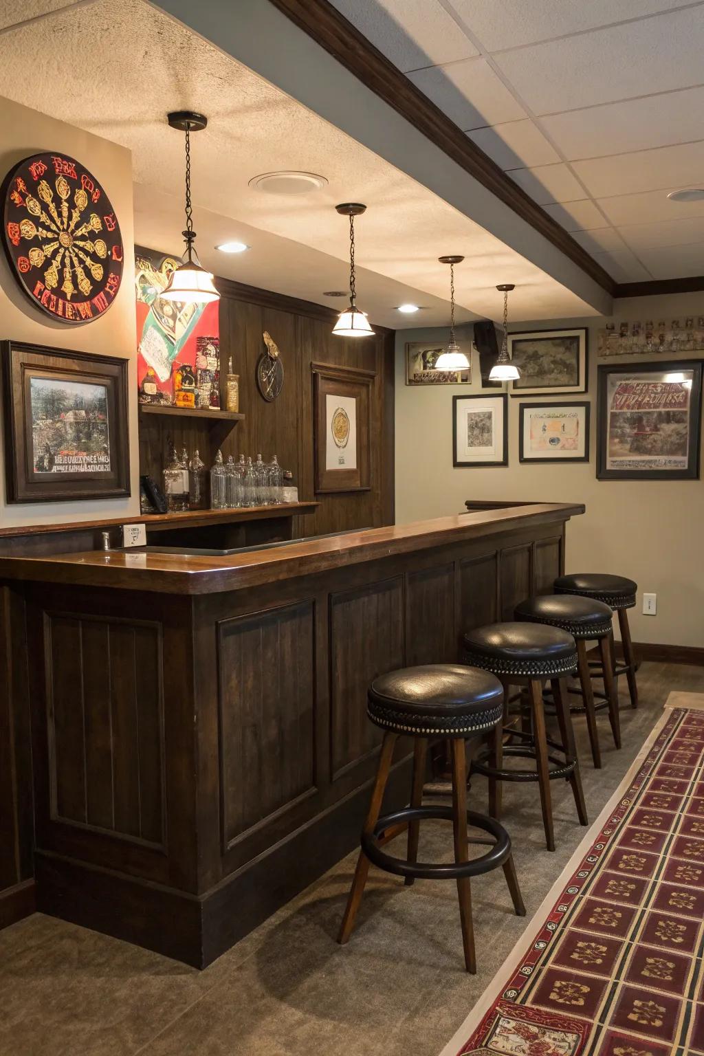 Appreciate the timeless allure of a classic pub right in your basement.