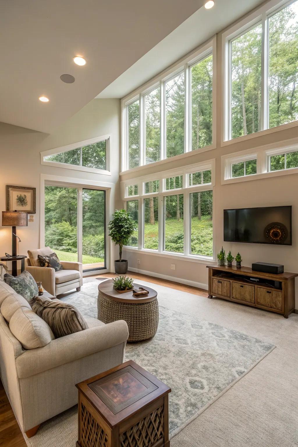Expansive windows bathe the basement in natural light, fostering an inviting environment.