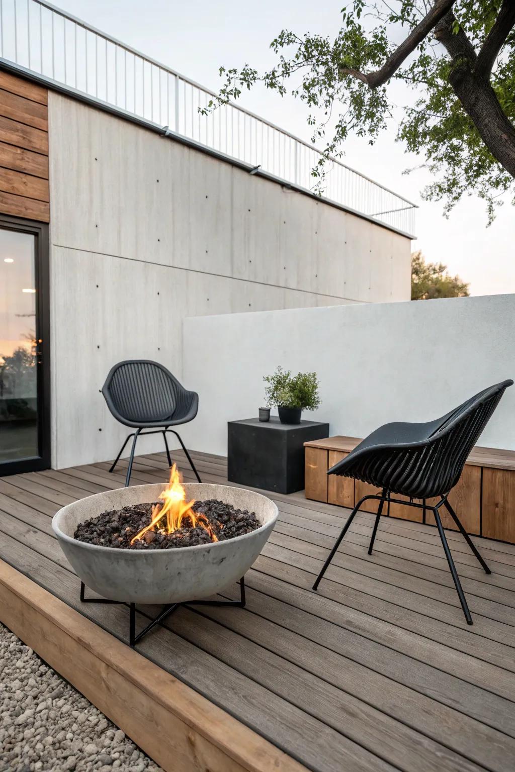 Fire pit area designed with a modern, minimalist approach using sleek outdoor furniture.
