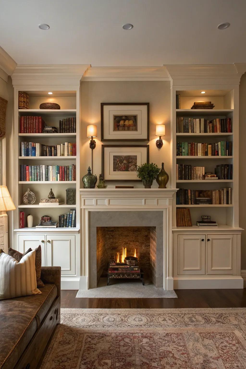 A living space showcasing a fireplace with balanced shelving, perfect for showcasing books and decor.