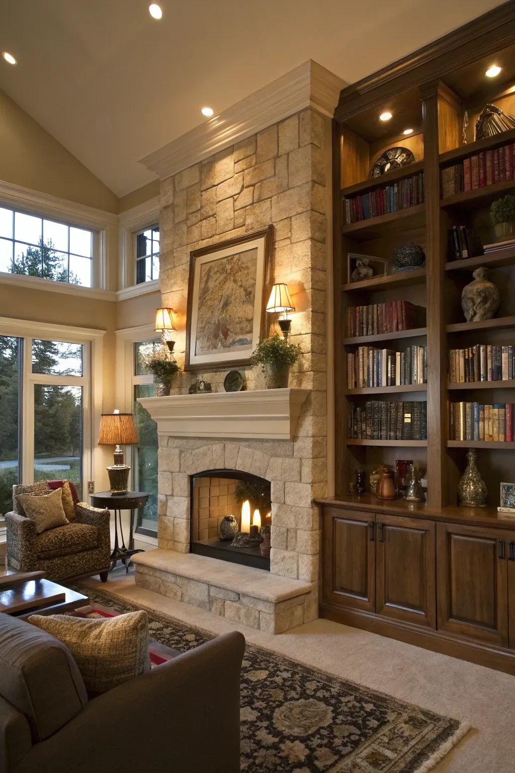 Integrated shelves surrounding the fireplace offer a stylish and practical display zone.