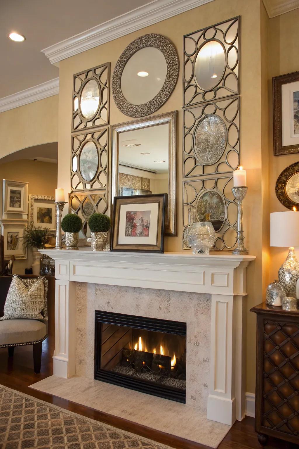 Expertly layered mirrors and art create an elegant focal point above the fireplace.