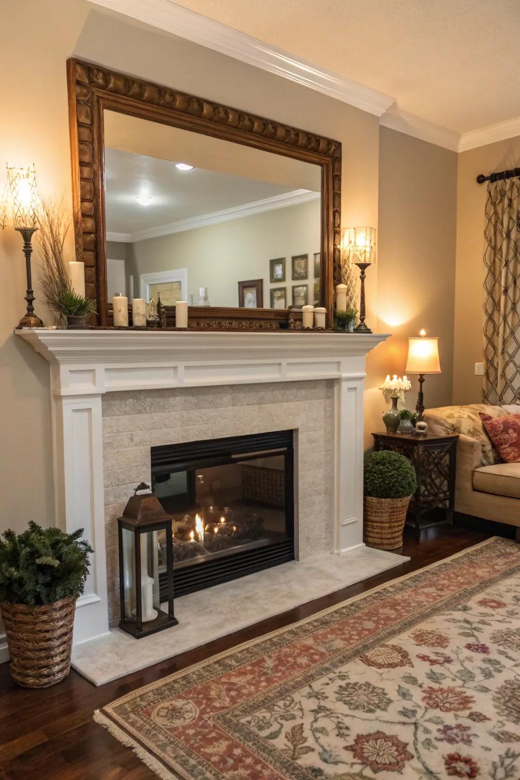 A fireplace mantel enhanced with a large mirror to amplify depth and light