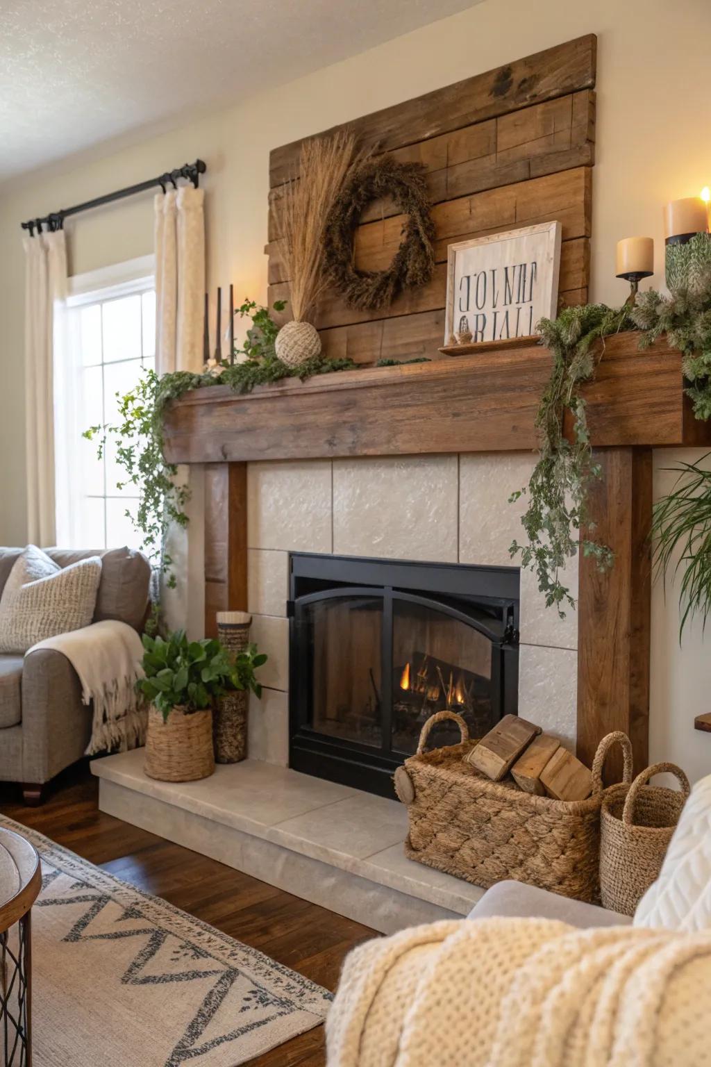 A natural wood mantel infusing the living room with natural warmth.