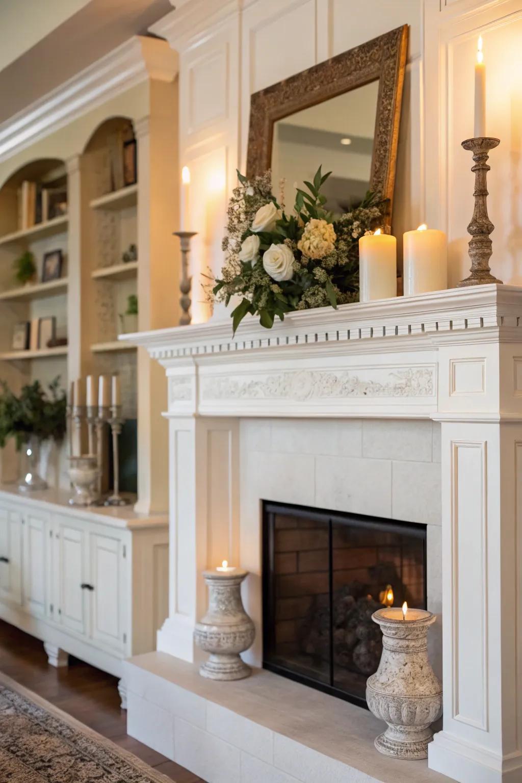 A fireplace decorated with classic white carpentry, resulting in a sophisticated and ageless aesthetic.